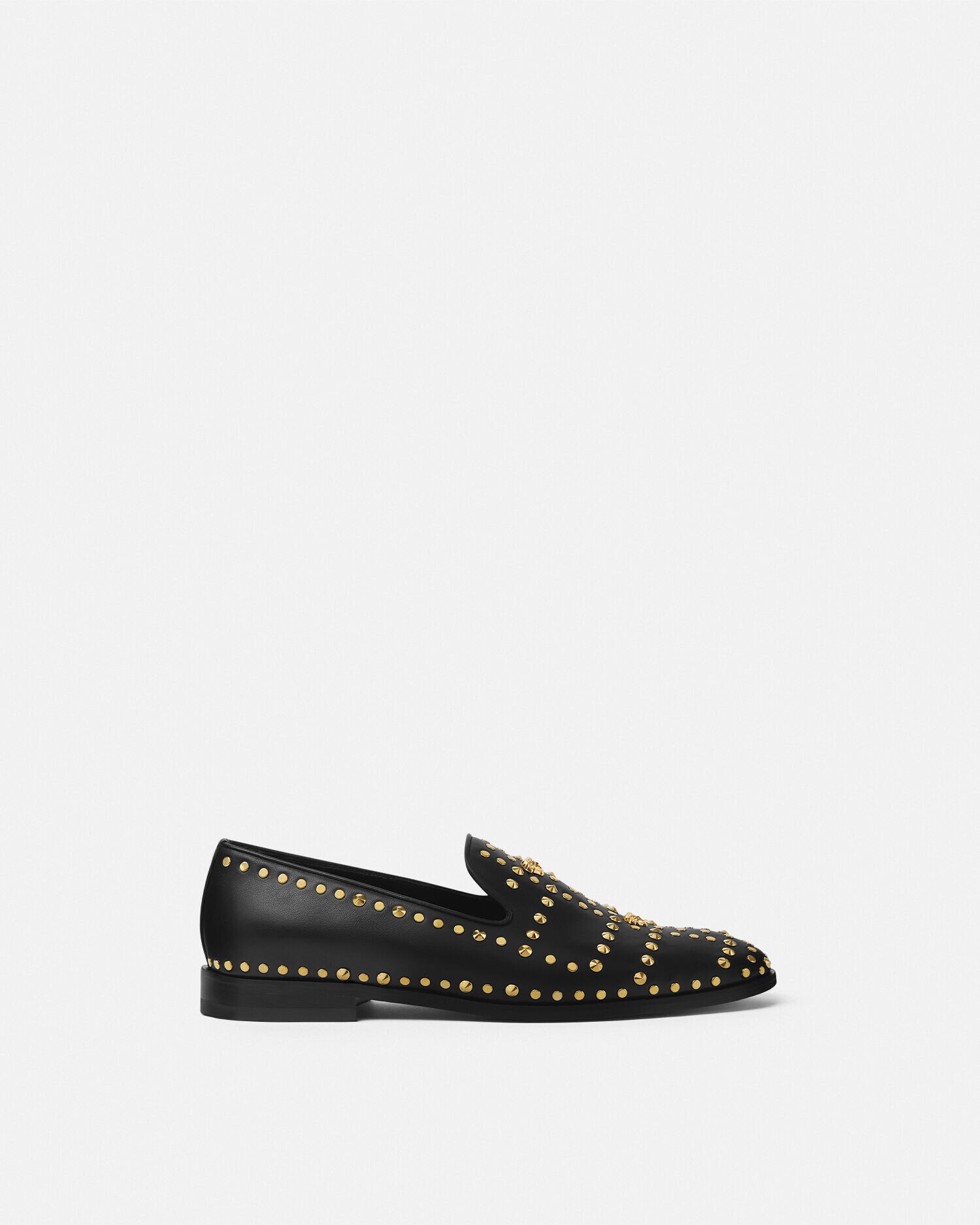 【Versace】フラットサンダル メデューサ ゴールド スリッパ 黒 VERSACE Shoes Black Leather Logo Plaque Slip On Slides Flats