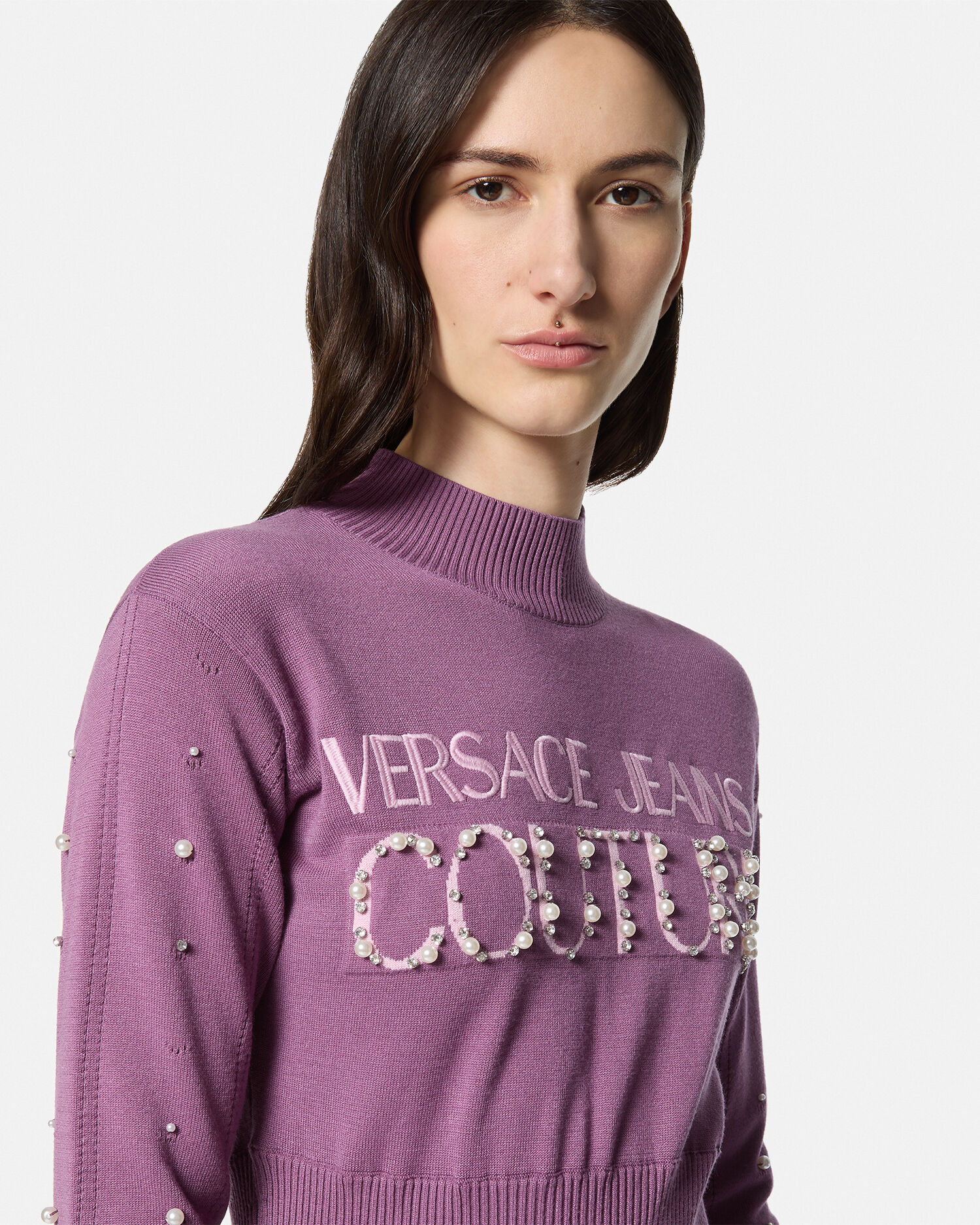 装飾付きロゴ ニット ロング ドレス パープル | VERSACE JP