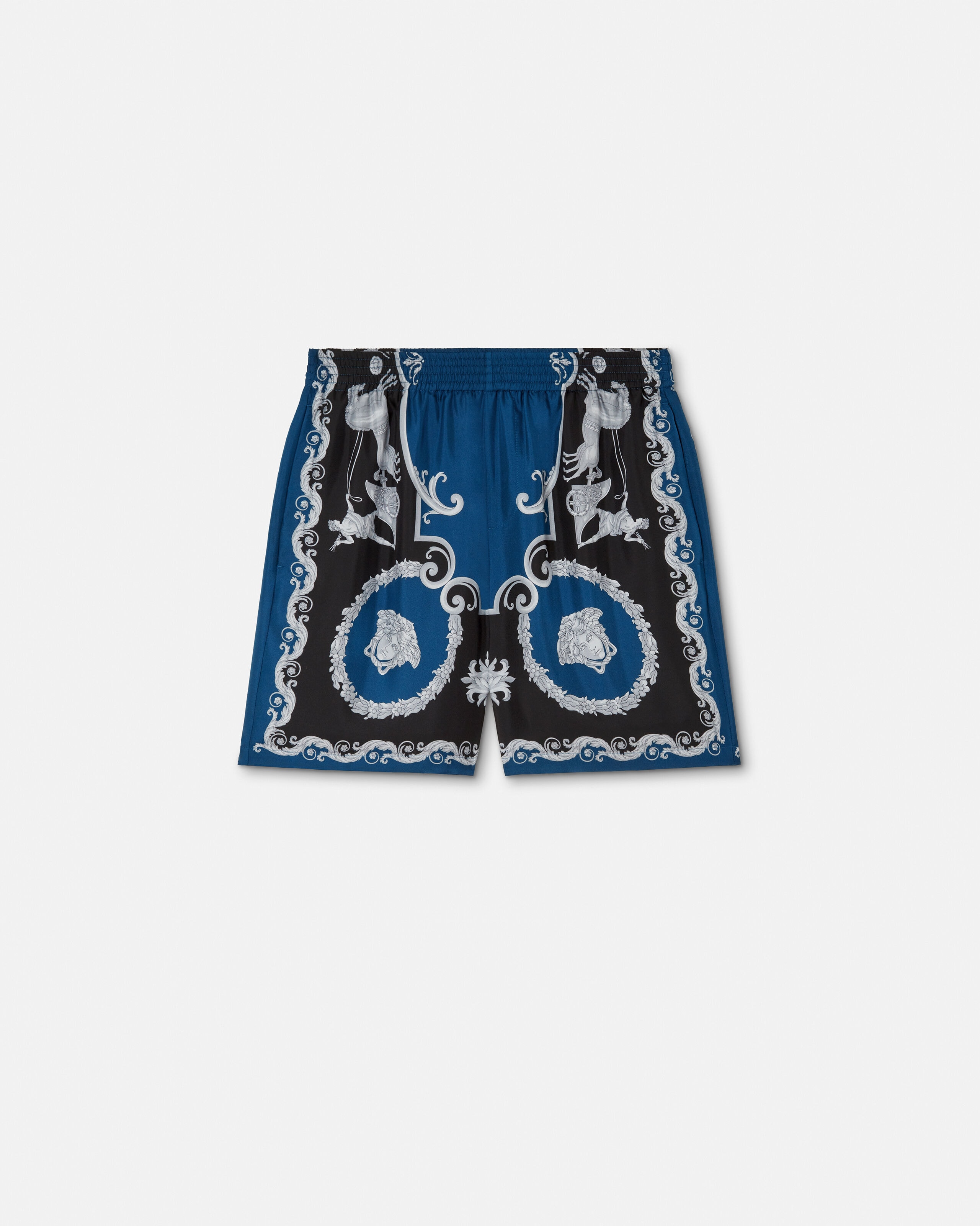 プリント シルク ツイル スリム ショートパンツ ブラック,ブルー