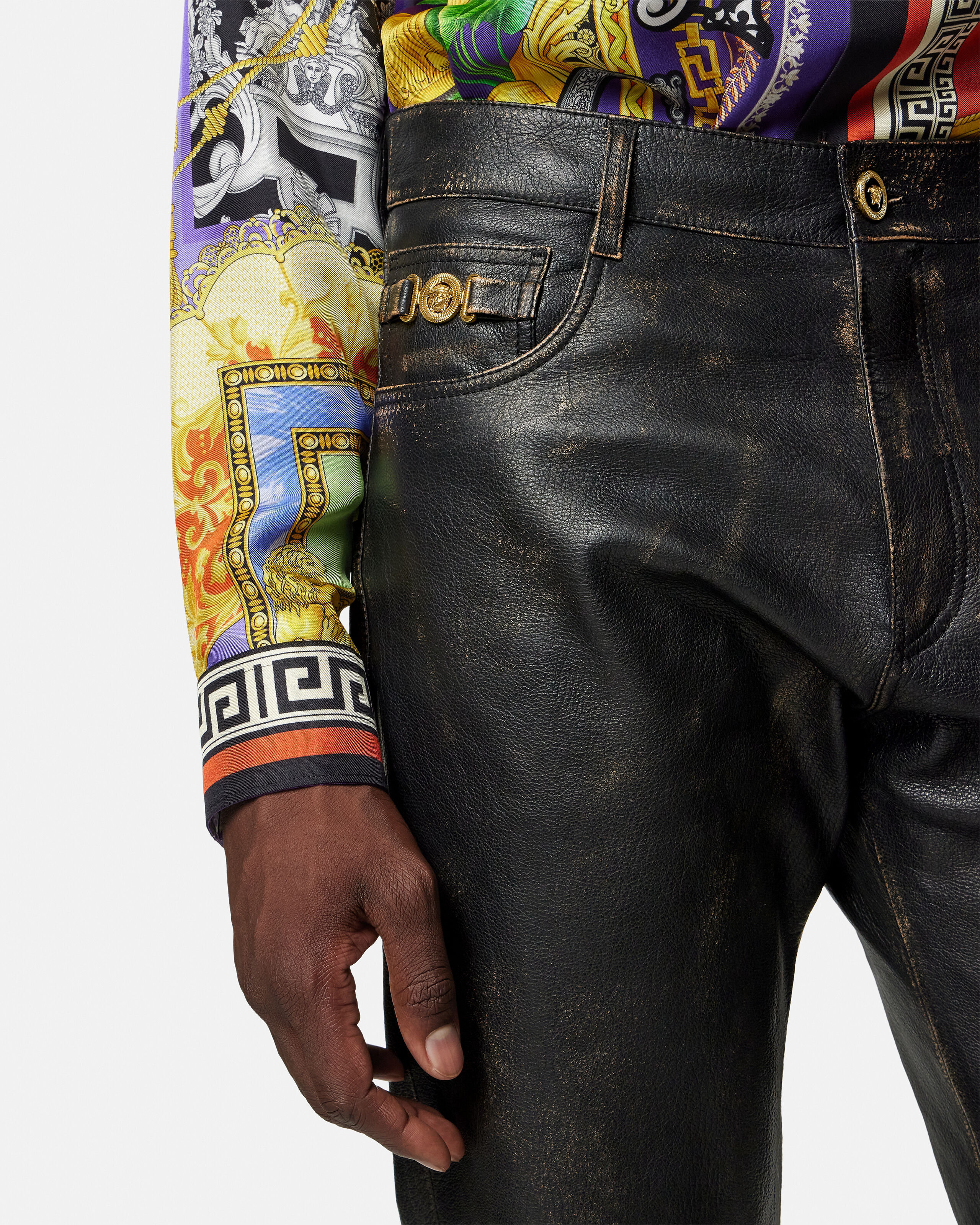 ディストレスト レザー パンツ ブラック | VERSACE JP