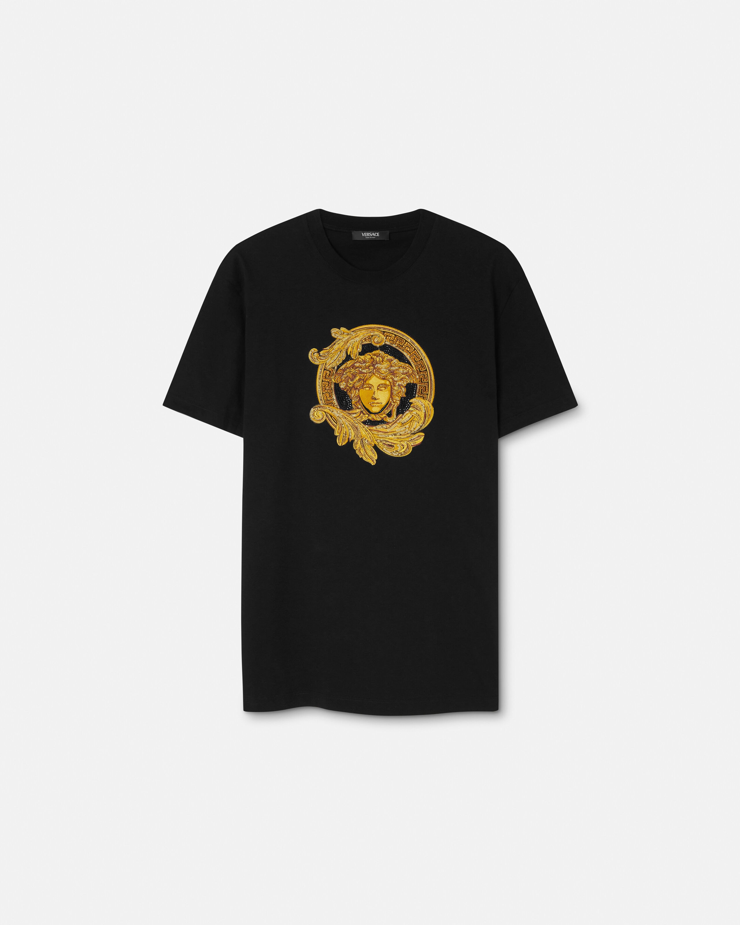 刺繍入り コットンジャージー スリム Tシャツ ブラック | VERSACE JP