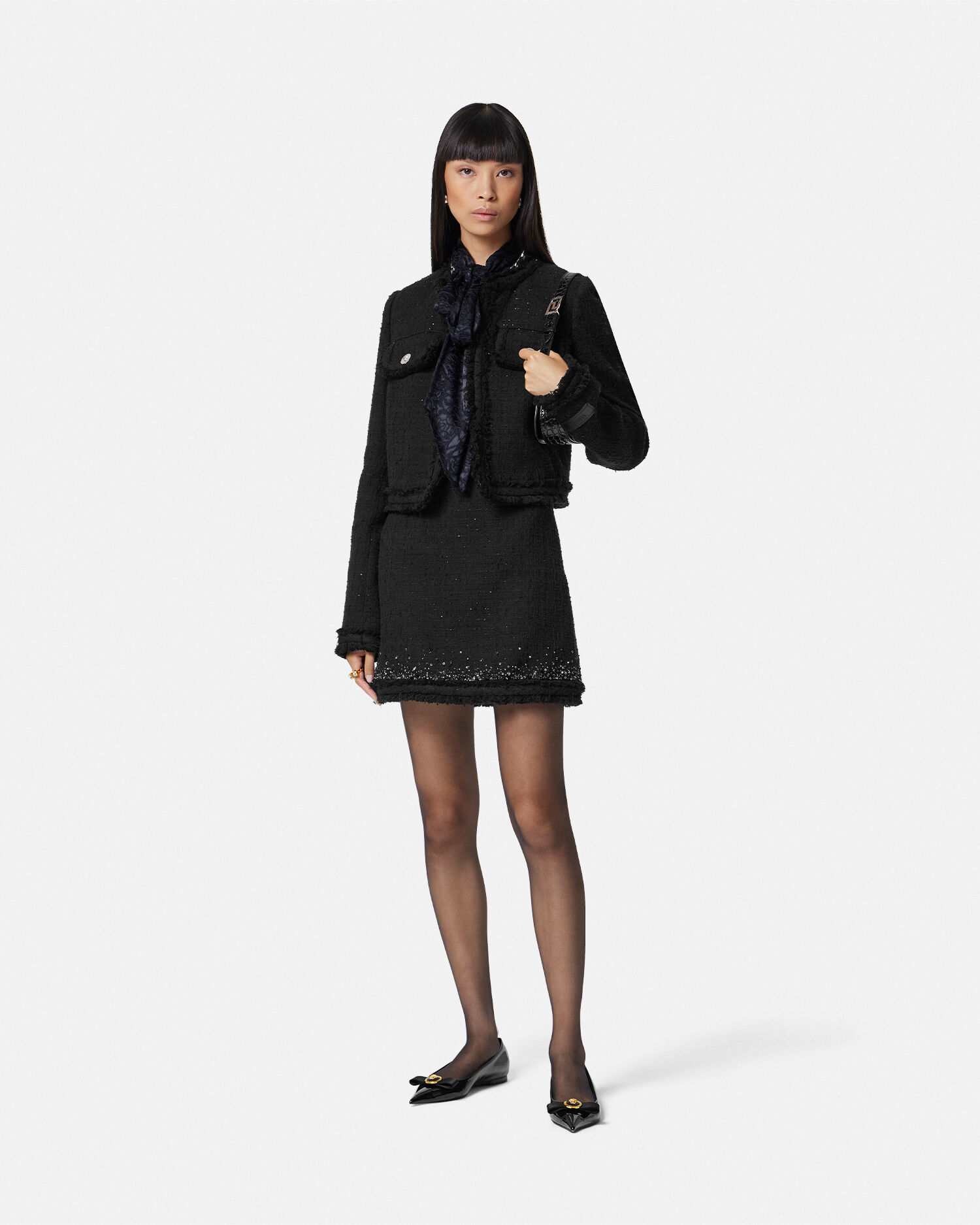 【SALE】VERSACE ロゴ上品 ツイード ミニスカート 黒 装飾 ツイード ミニ スカート ブラック | VERSACE JP
