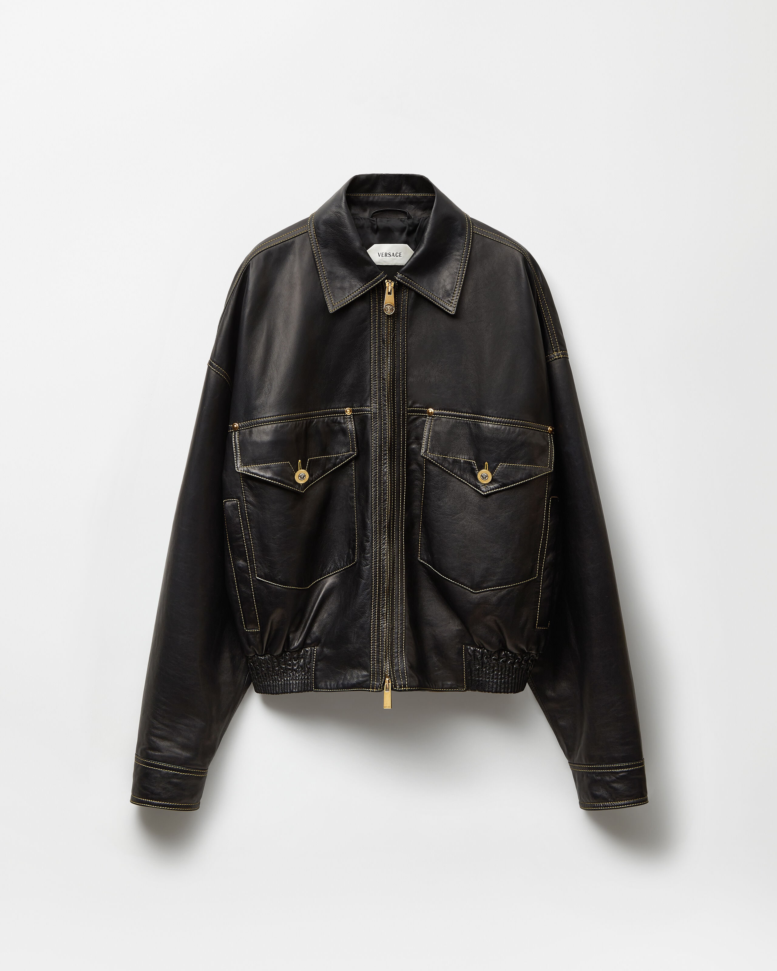 VERSACE レザー襟 ウールコート ネイビーボディー レザー | Versace
