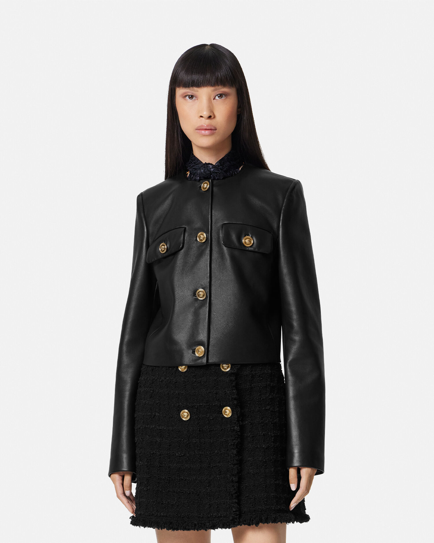 人気の春夏 カーディガン レザー プロンジェ ジャケット JP VERSACE | ブラック トップス
