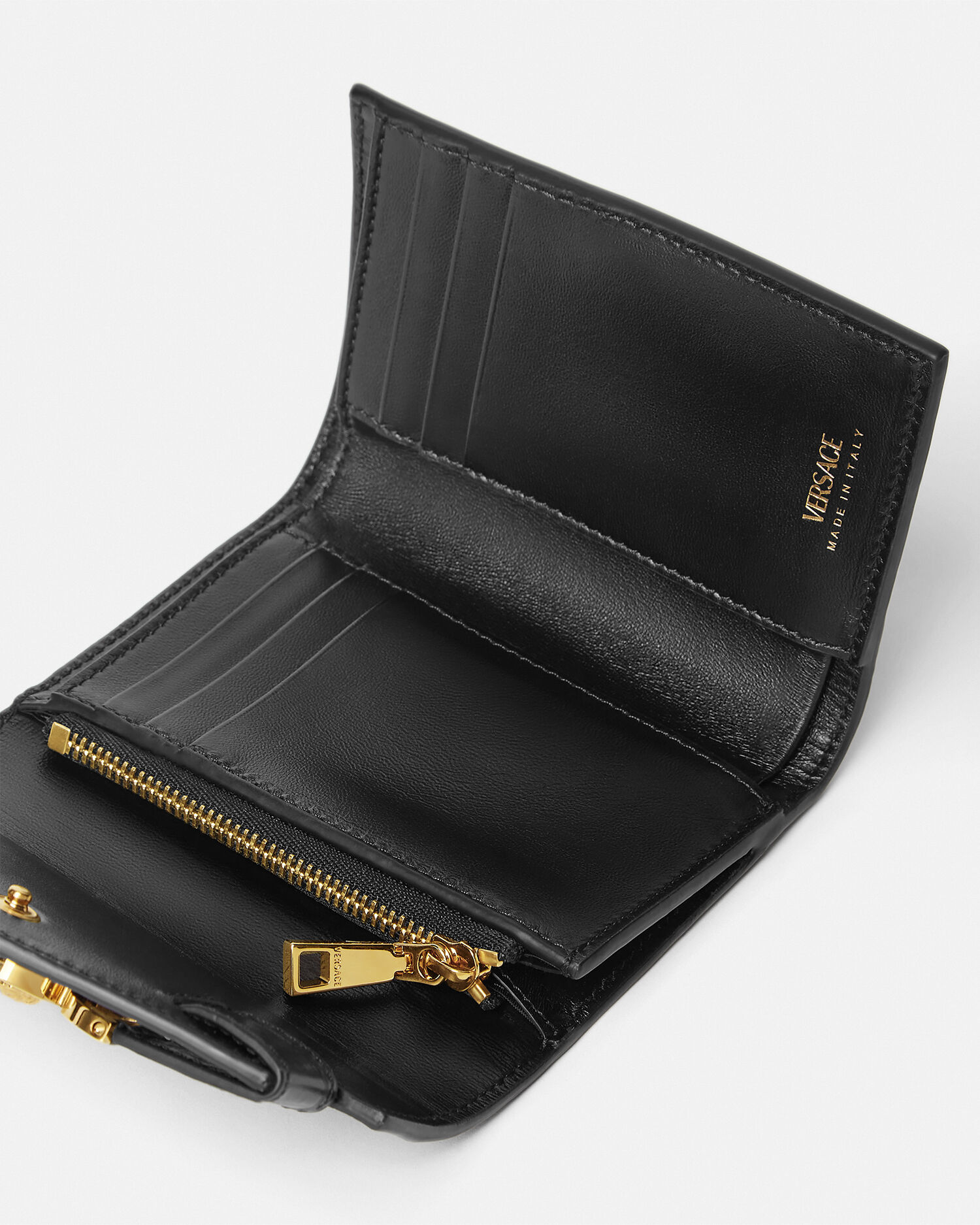 クロコ型押し メドゥーサ '95 三つ折り ウォレット ブラック,ゴールド | VERSACE JP