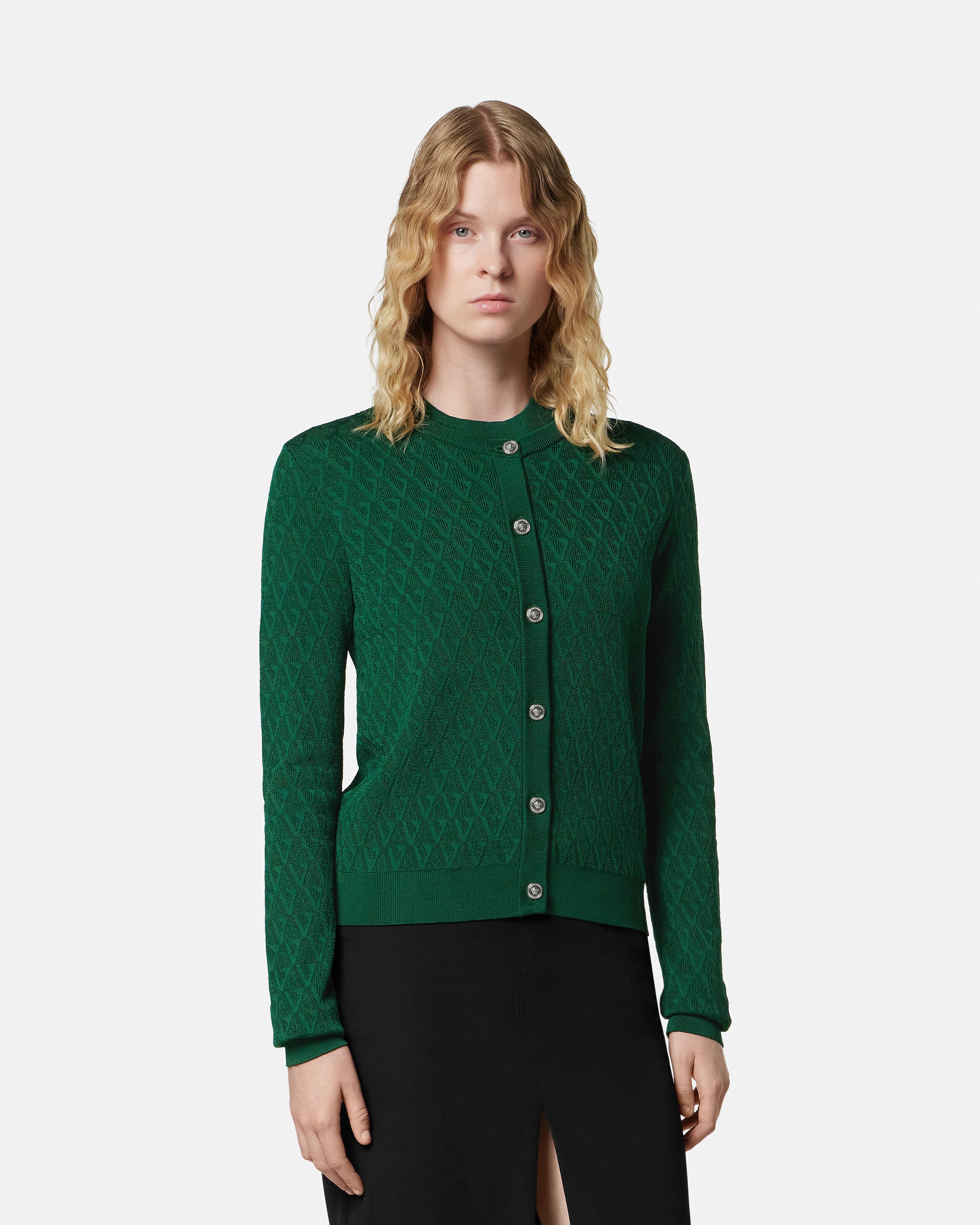 ジャカード ビスコース ニット フィット カーディガン グリーン