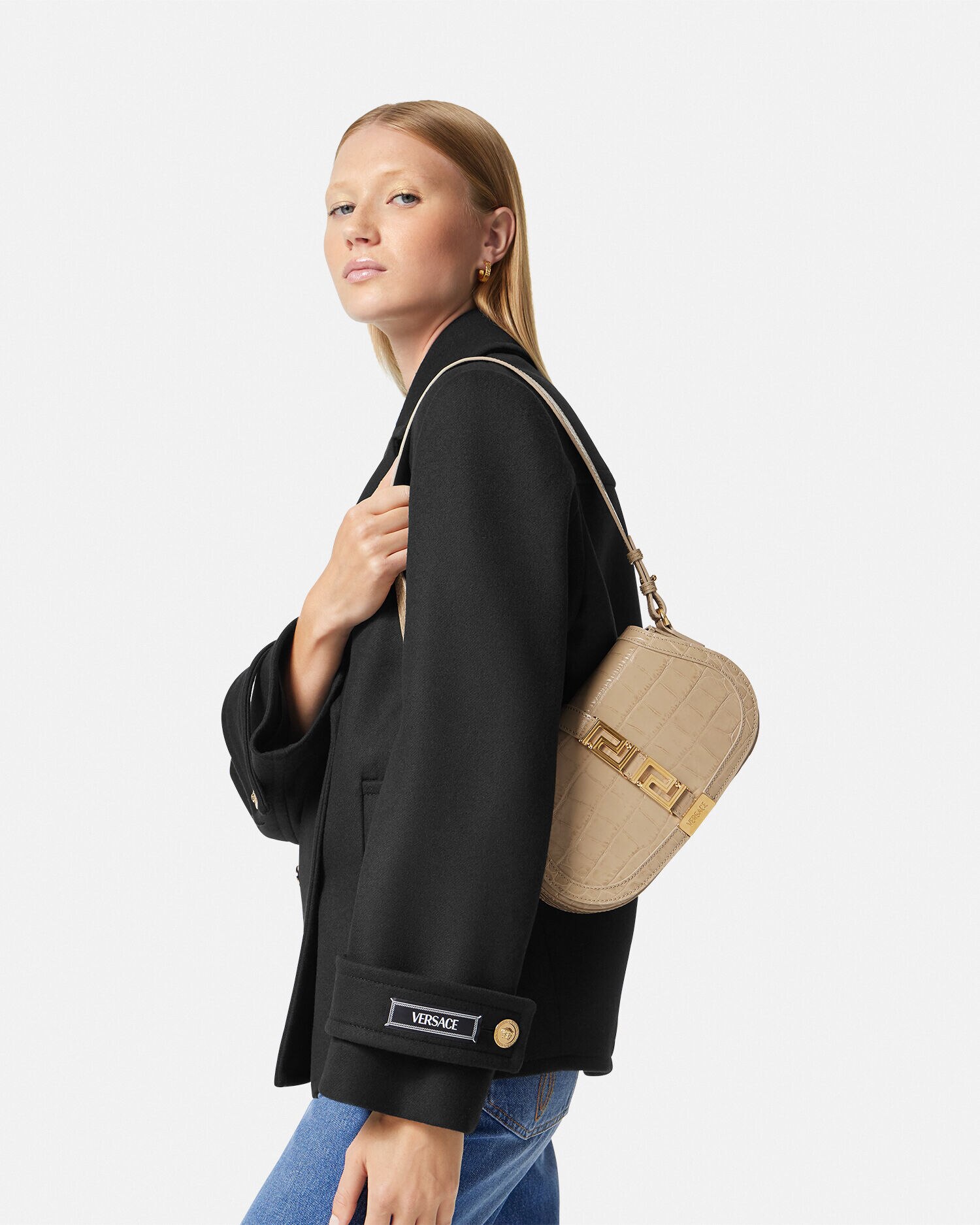 クロコ型押し グレカ ゴッデス ショルダー バッグ ベージュ | VERSACE JP