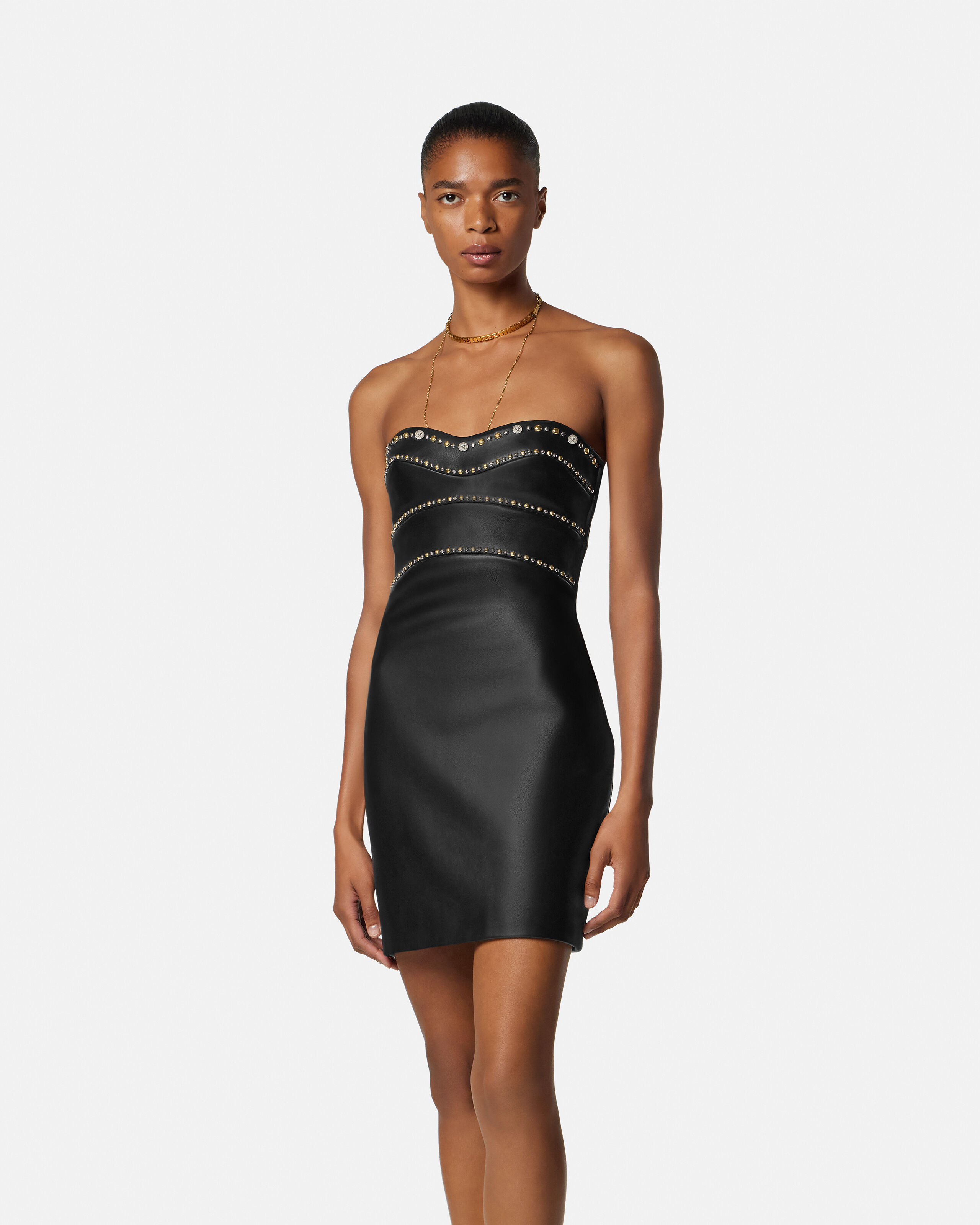 黒のレザーミニドレス 装飾付き レザー ミニ ドレス ブラック | VERSACE JP