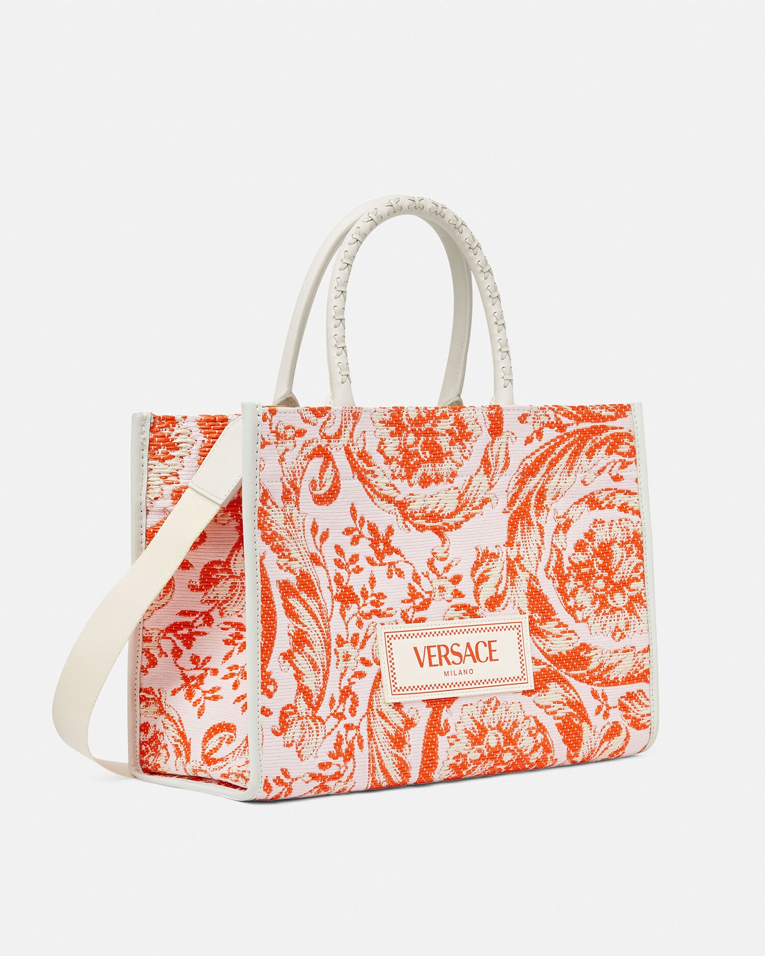 ミディアム トート バッグ バロッコ アテナ ラフィア オレンジ,プリント | VERSACE JP