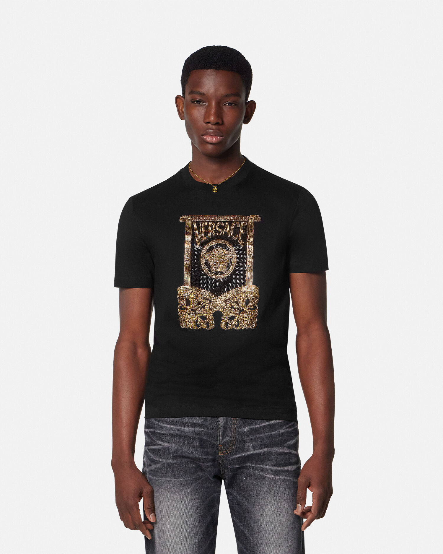 装飾付き コットンジャージー Tシャツ ブラック | VERSACE JP