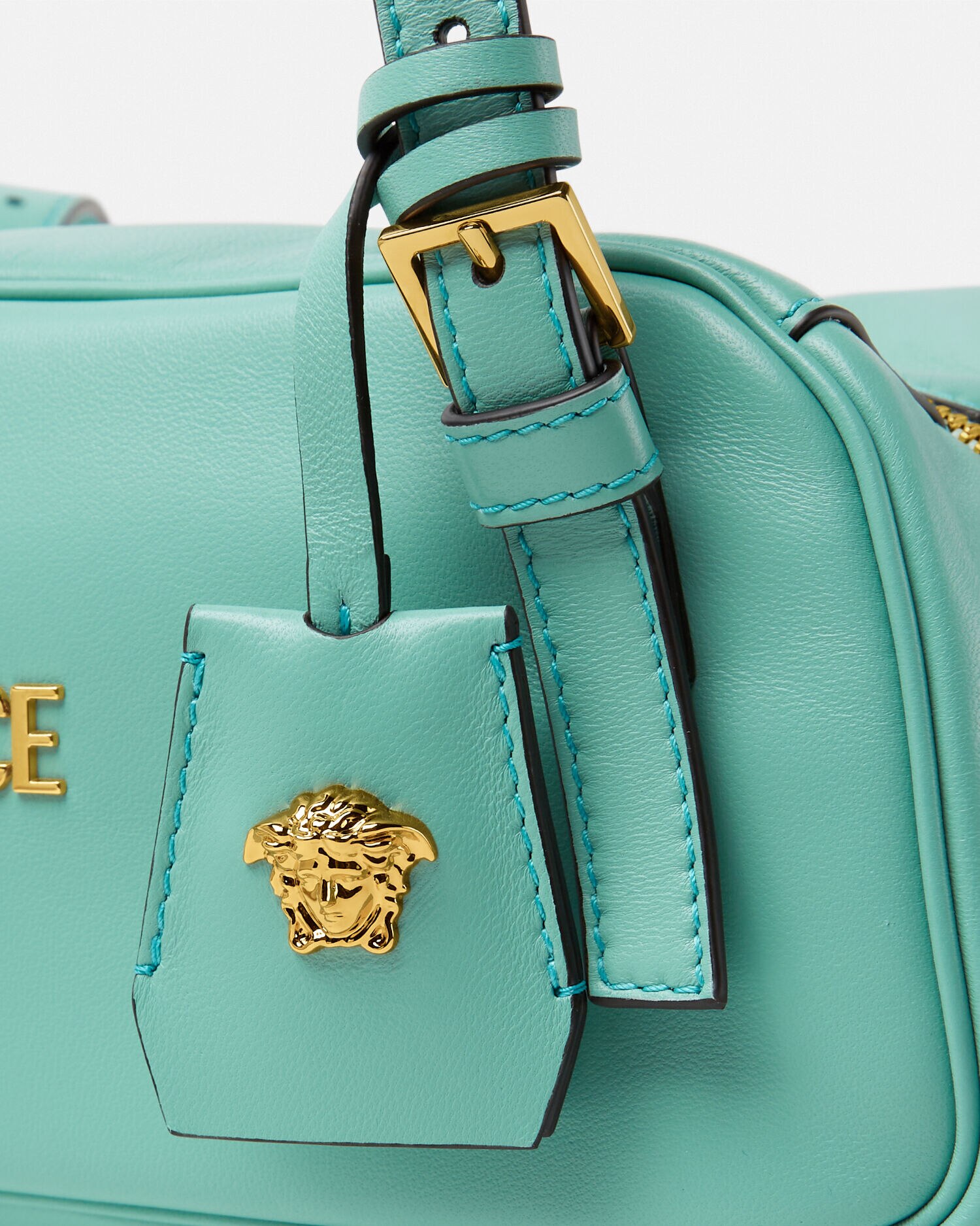 関税込 VERSACE＊ボウリング タグ ショルダーバッグ ターコイズ ボウリング ショルダー バッグ ヴェルサーチェ タグ ブルー