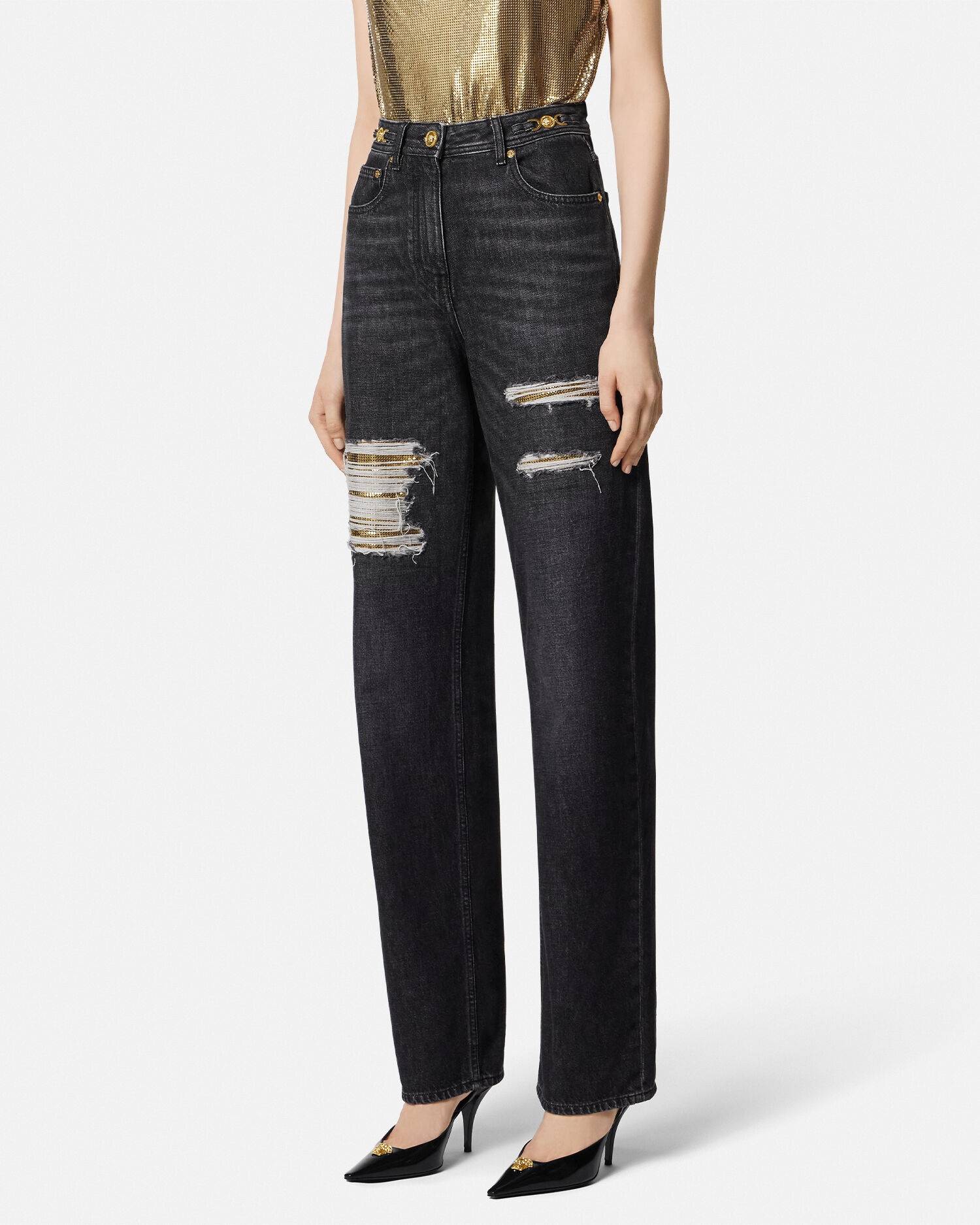 【Versace】メタル メッシュ ハイウエスト レギュラーフィット メタル メッシュ レギュラーフィット ジーンズ | VERSACE JP