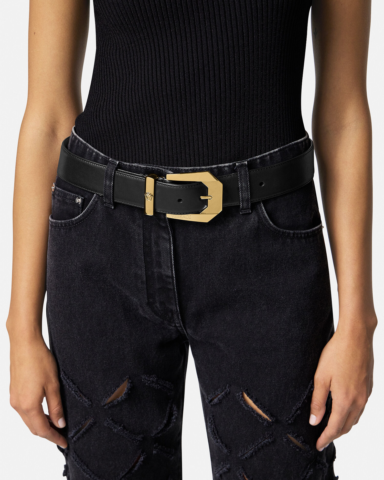 メドゥーサ ヘリテージ レザー ベルト ブラック,ゴールド | VERSACE JP
