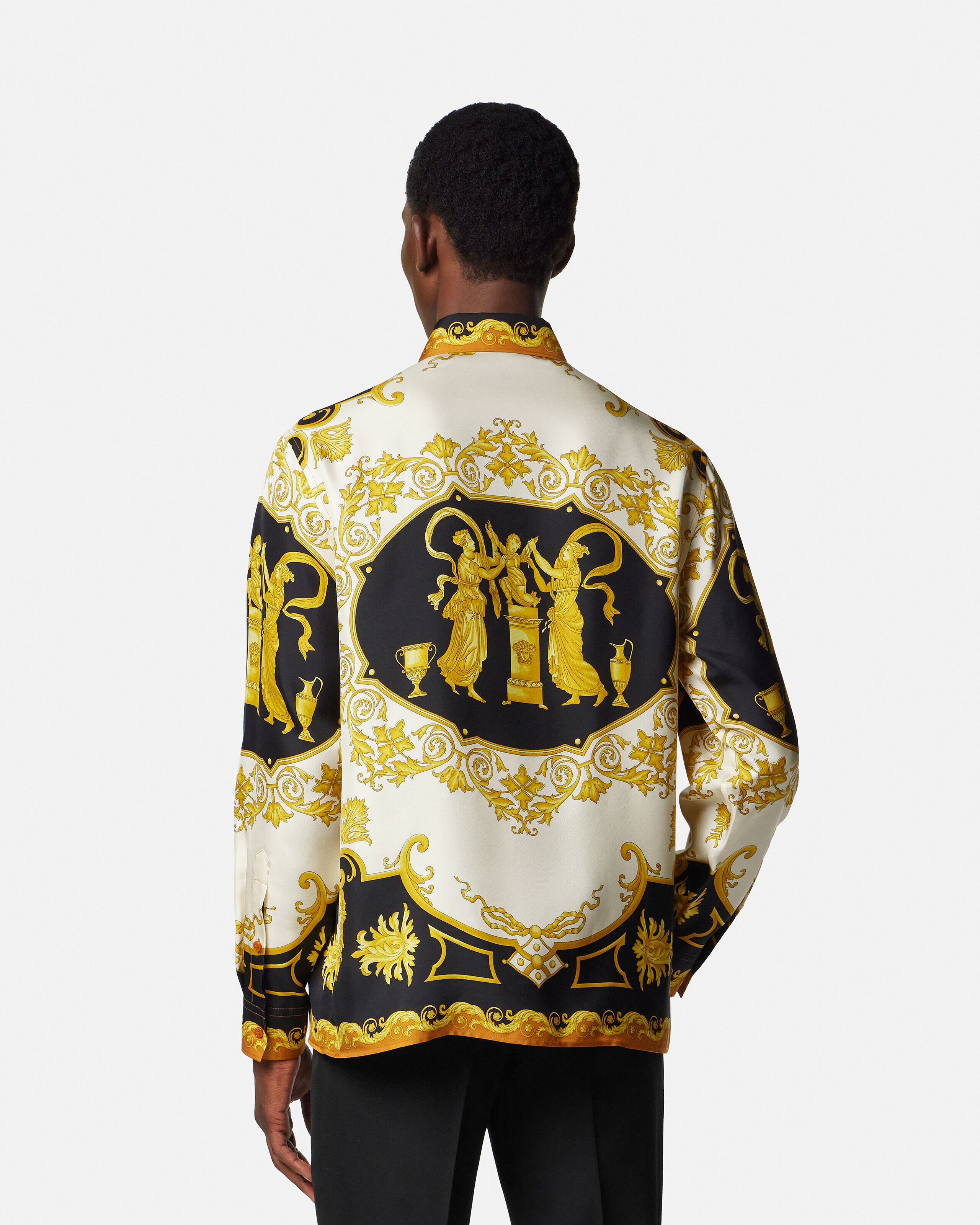 Versace シャツ プリント シルク ツイル レギュラー シャツ ブラック,ゴールド
