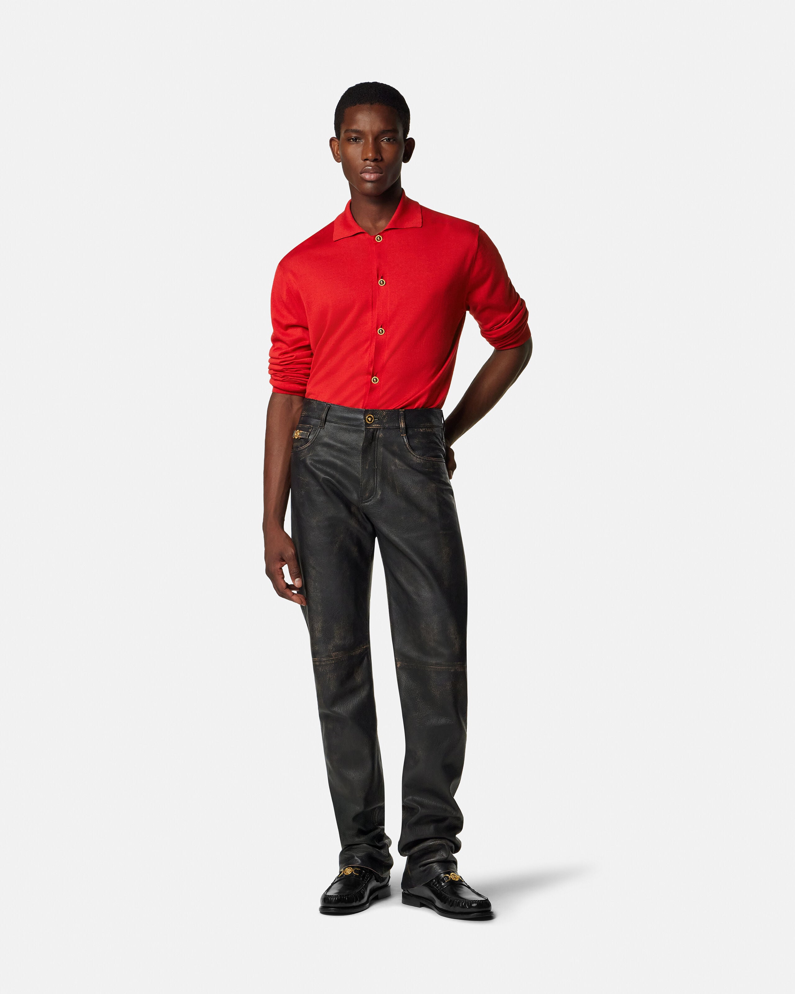 シルクコットン ニット ポロ カーディガン レッド | VERSACE JP