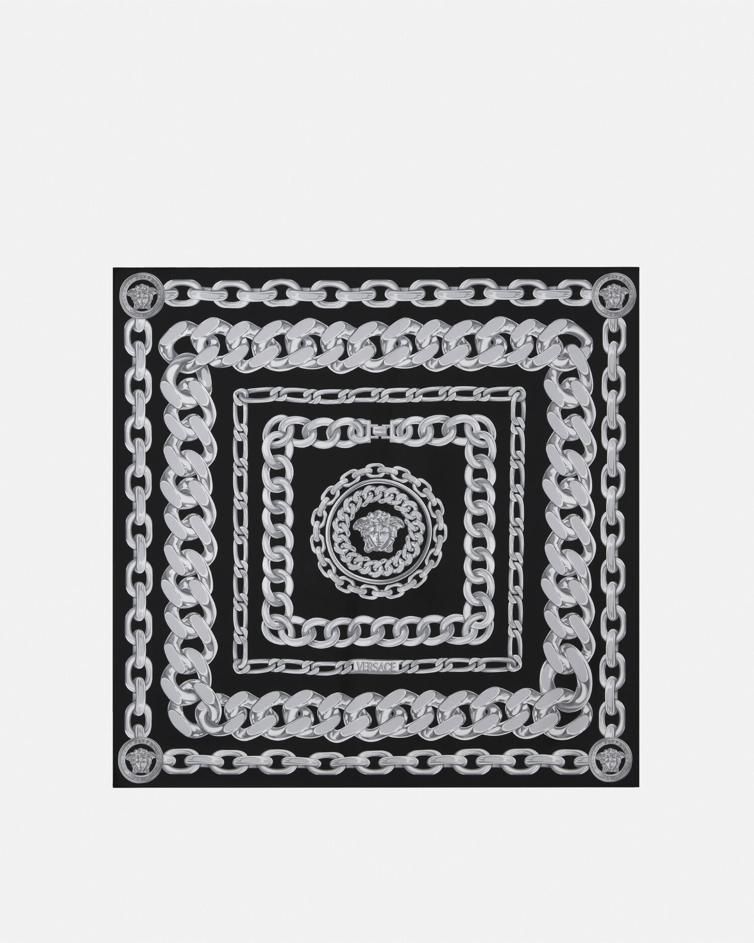 Versaceヴェルサーチ シルク スカーフ 雷紋 メドゥーサ ラージ シルク スカーフ メドゥーサ チェーン 90 cm | VERSACE JP