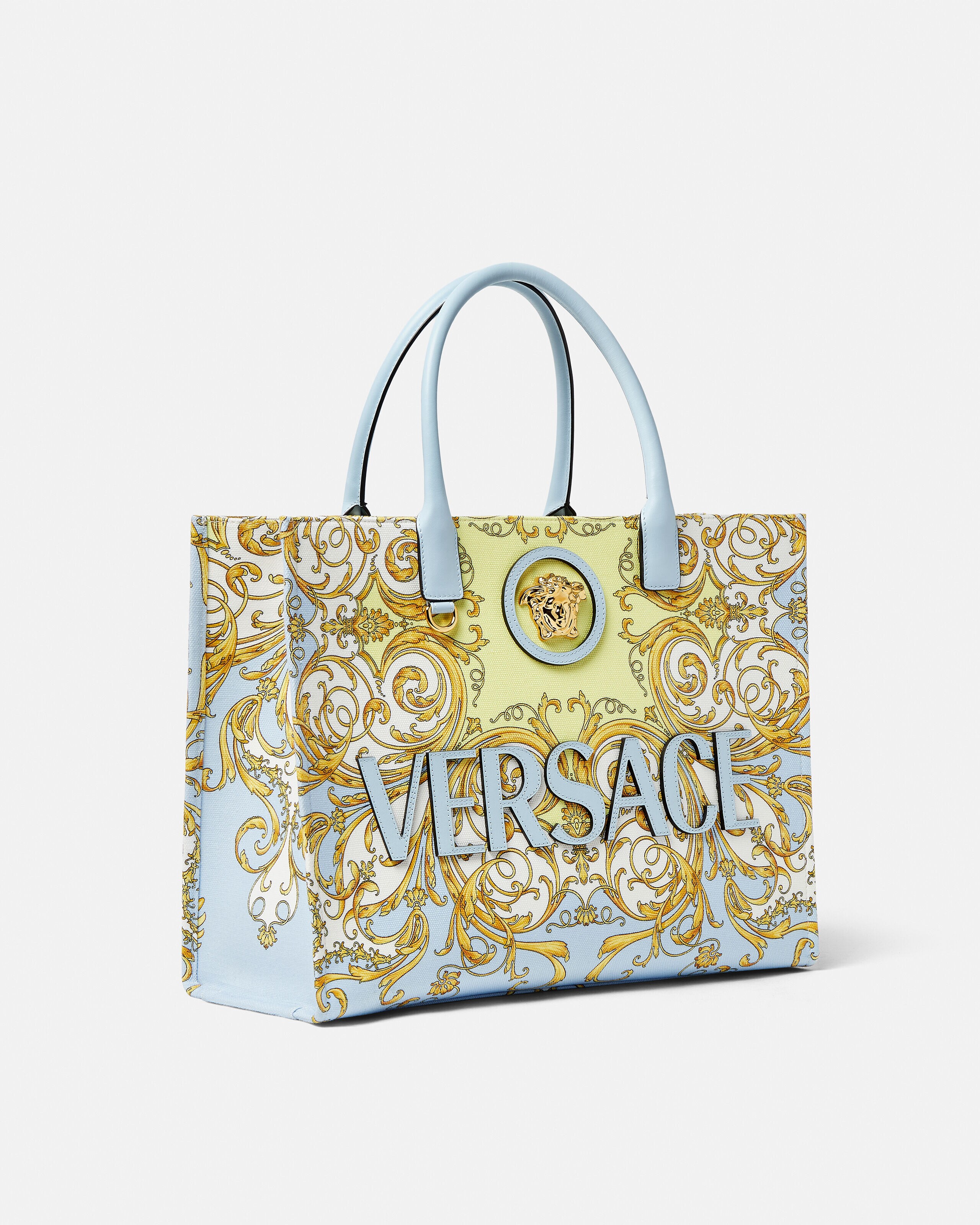 Versace ラ　メドゥーサトートバッグ ラ メドゥーサ プリント ラージ キャンバス トート ブルー,ゴールド
