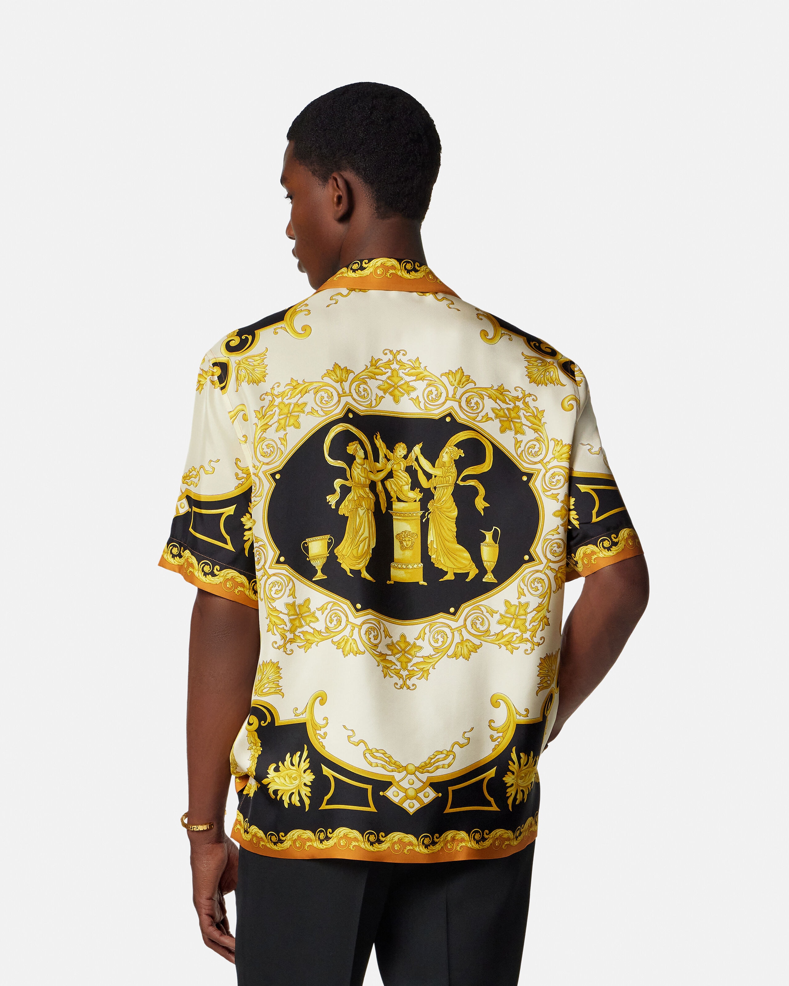 Versace シャツ　38 プリント シルク ツイル レギュラー シャツ ブラック,ゴールド