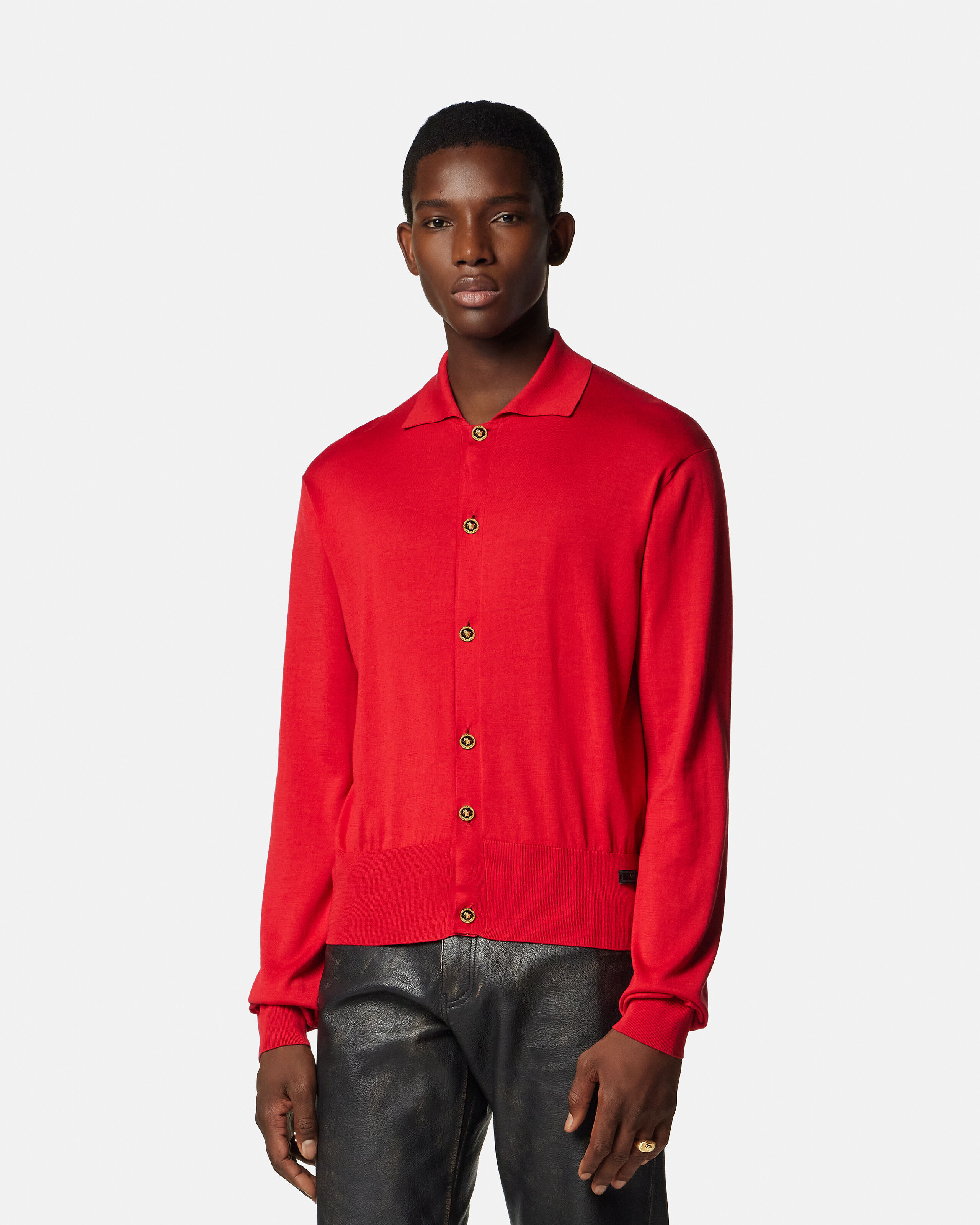 シルクコットン ニット ポロ カーディガン レッド | VERSACE JP