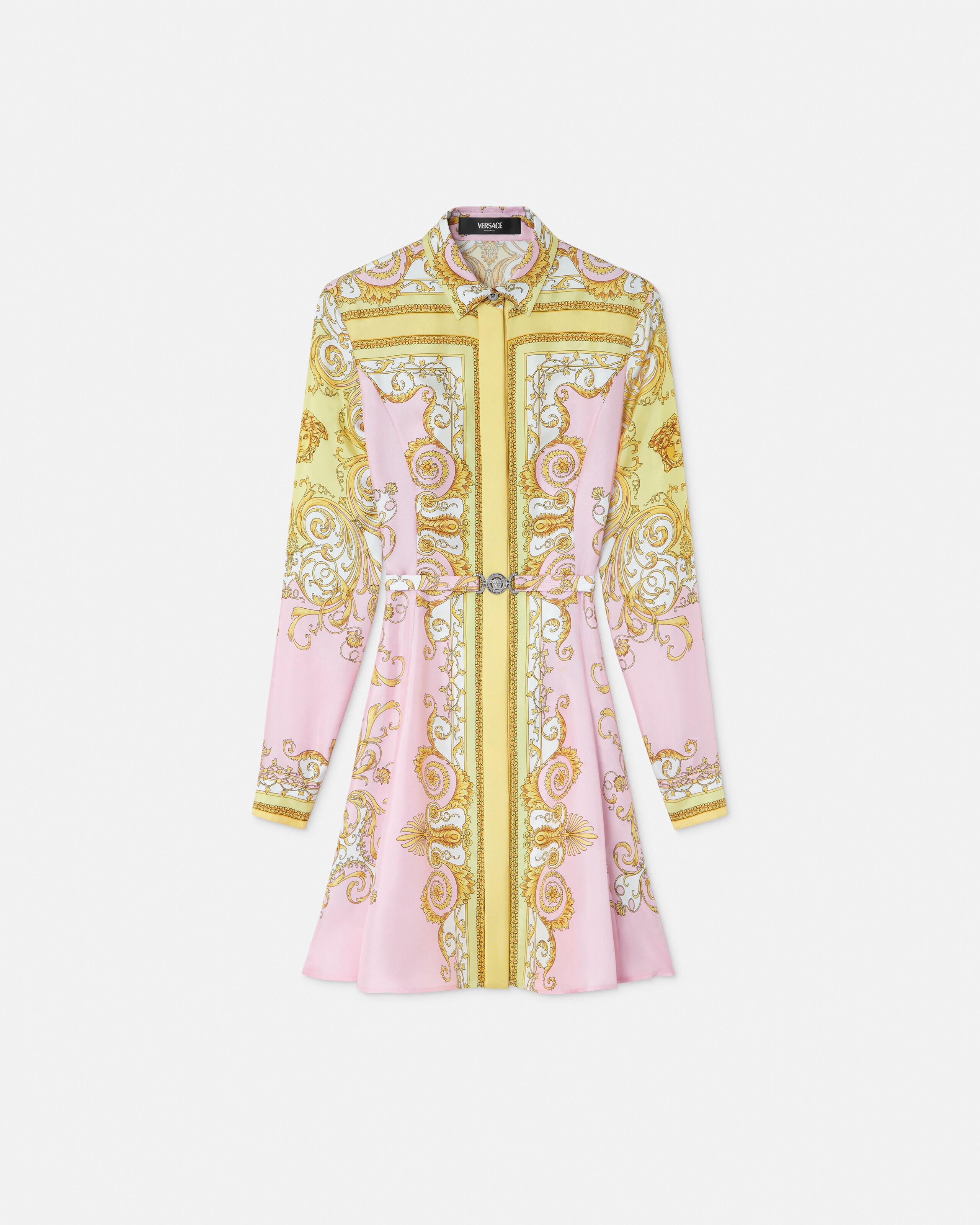【美品】Versaceシャツドレス プリント シルク ツイル ミディ シャツ ドレス イエロー,ピンク