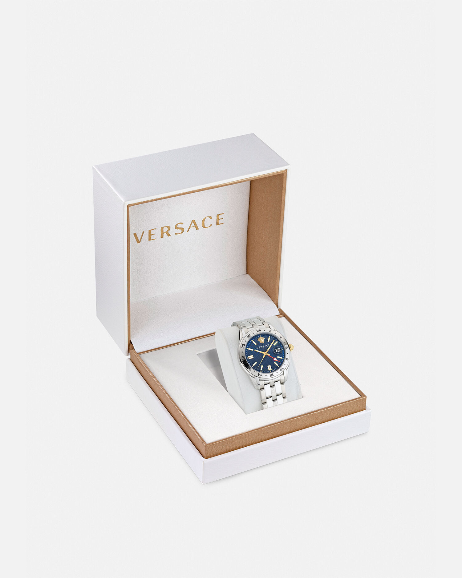 VERSACE クレカハタンフリッフフロッフ 10161871A13482 2B580 グレカ タイム GMT ウォッチ シルバー | VERSACE JP