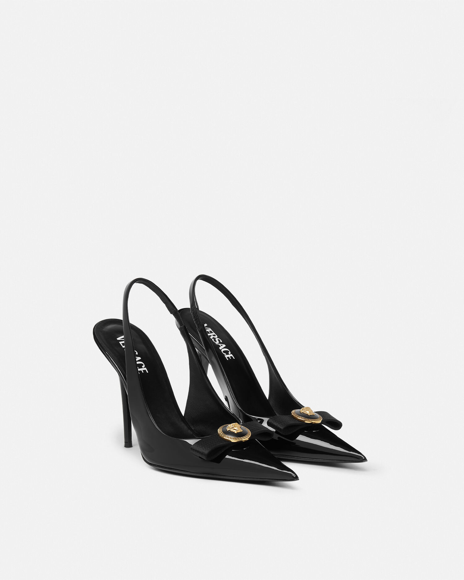 VERSACE ブラック スリングバックパンプス ジャンニ リボン パテント スリングバック 110 mm ブラック,ゴールド