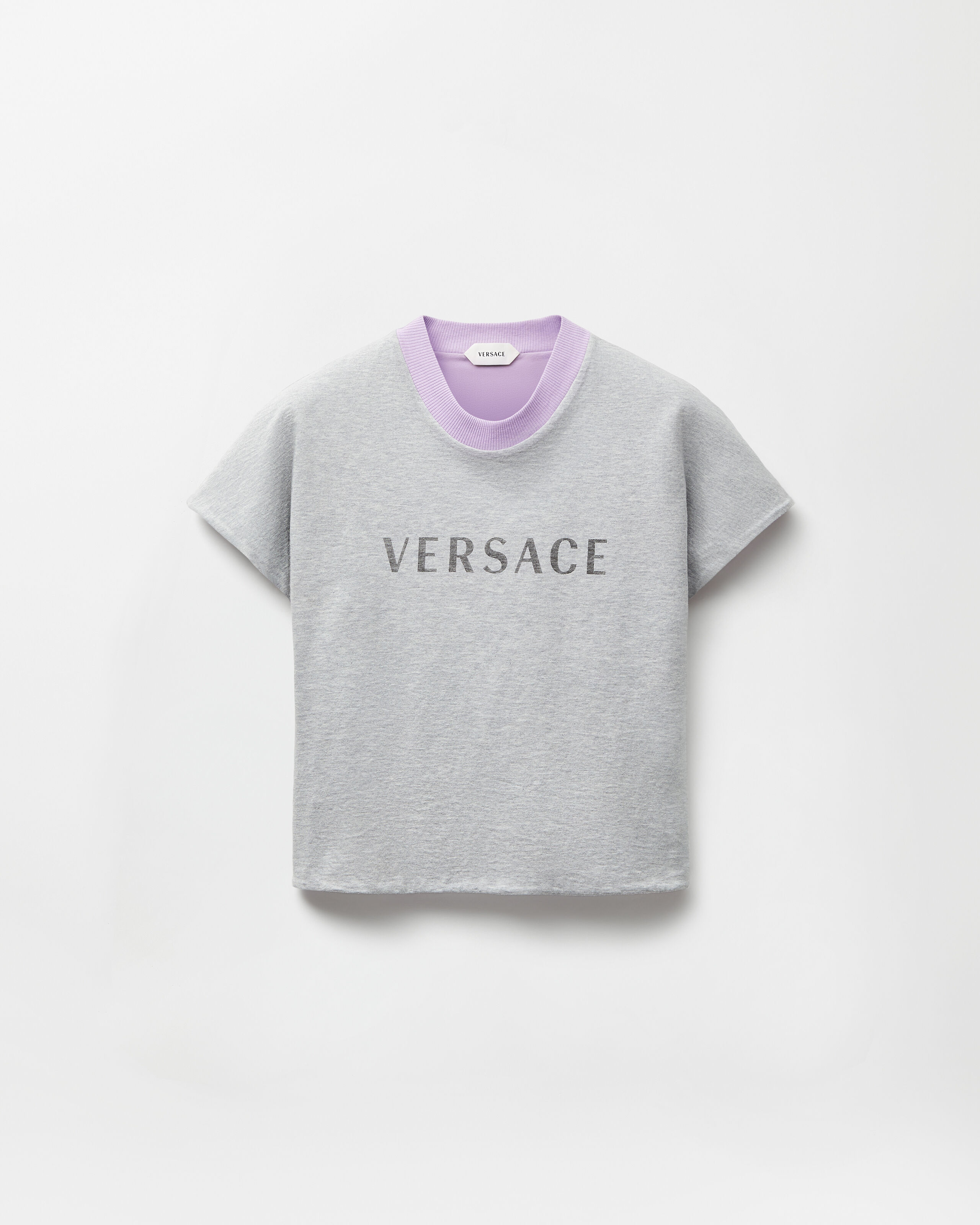 プリント ストレッチ コットンジャージー Tシャツ グレー,パープル