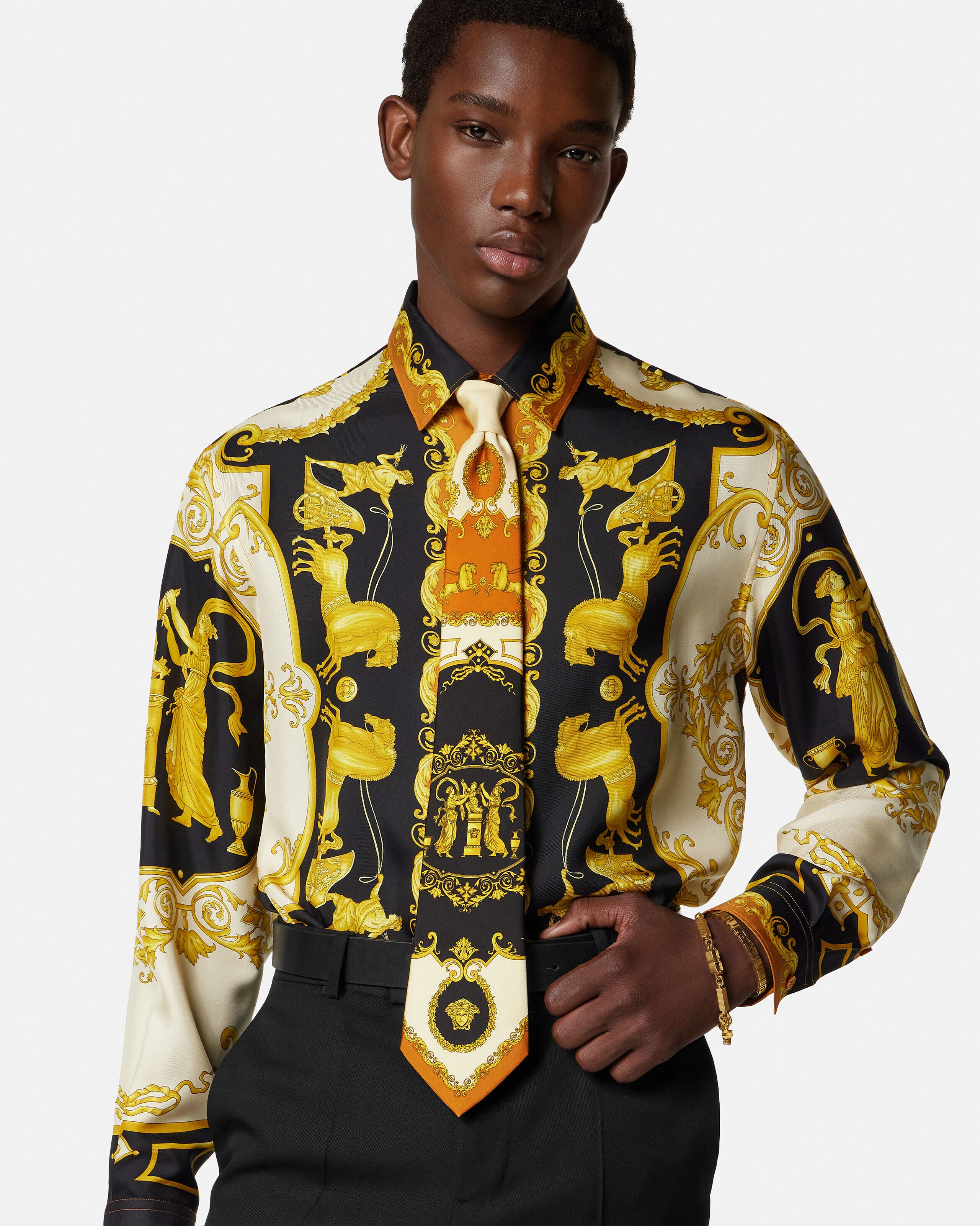 プリント シルク ツイル ネクタイ ブラック,ゴールド | VERSACE JP
