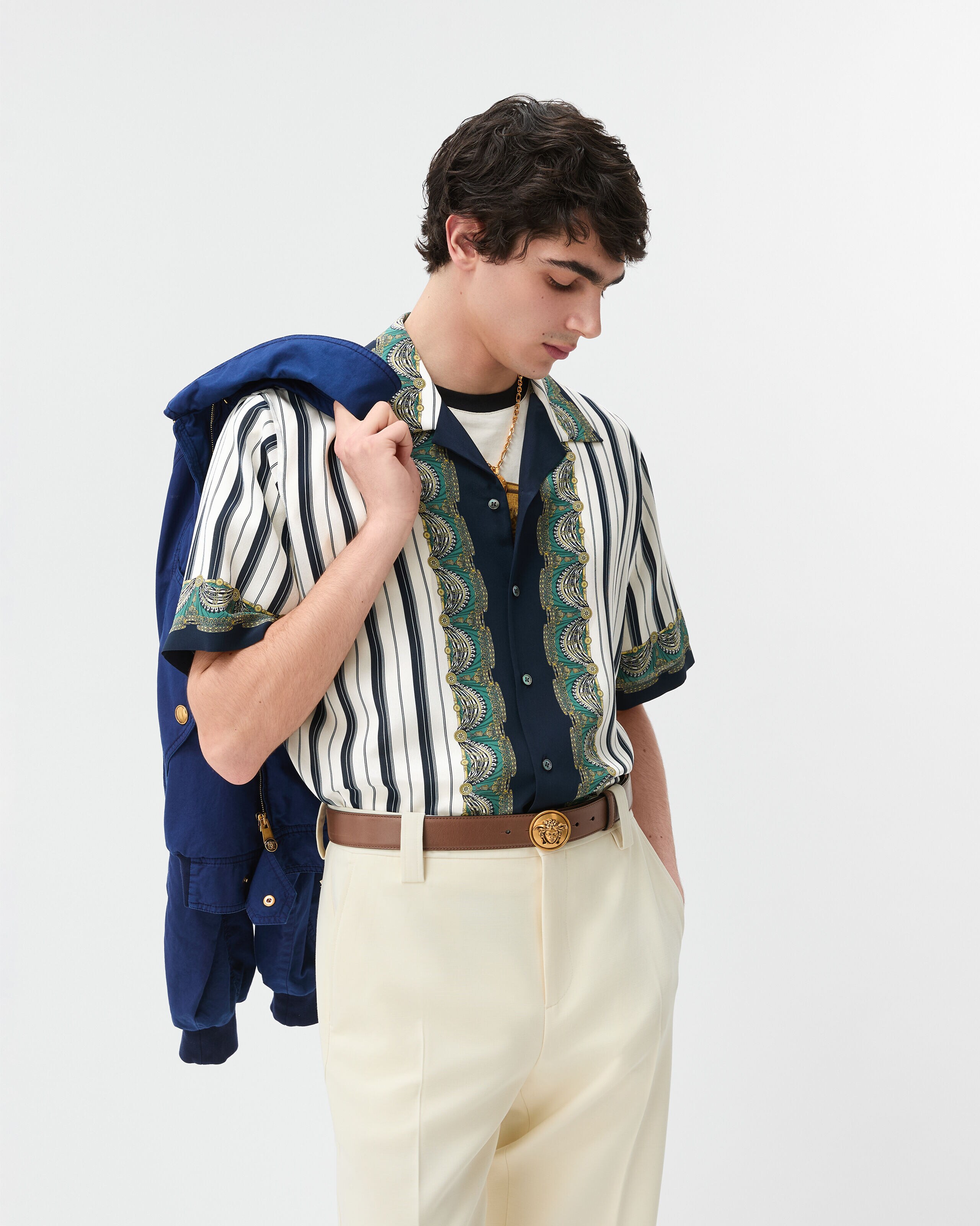 プリント クレープデシン シルク シャツ ホワイト,ブルー | VERSACE JP