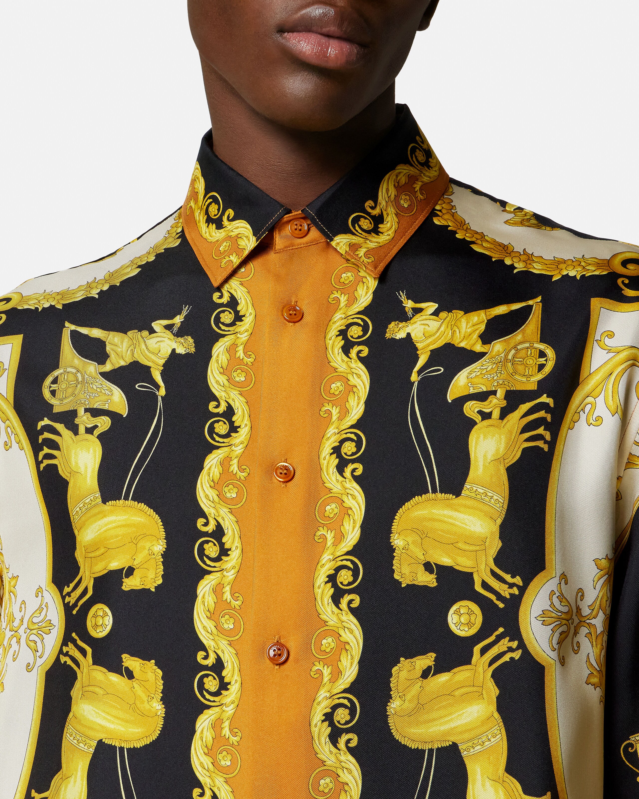 プリント シルク ツイル レギュラー シャツ ブラック,ゴールド