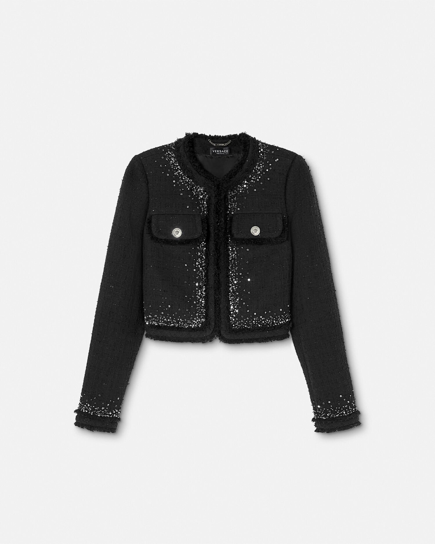 ヴェルサーチェ☆ツイード カーディガン ジャケット ブラック ツイード 装飾 カーディガン ジャケット ブラック | VERSACE JP