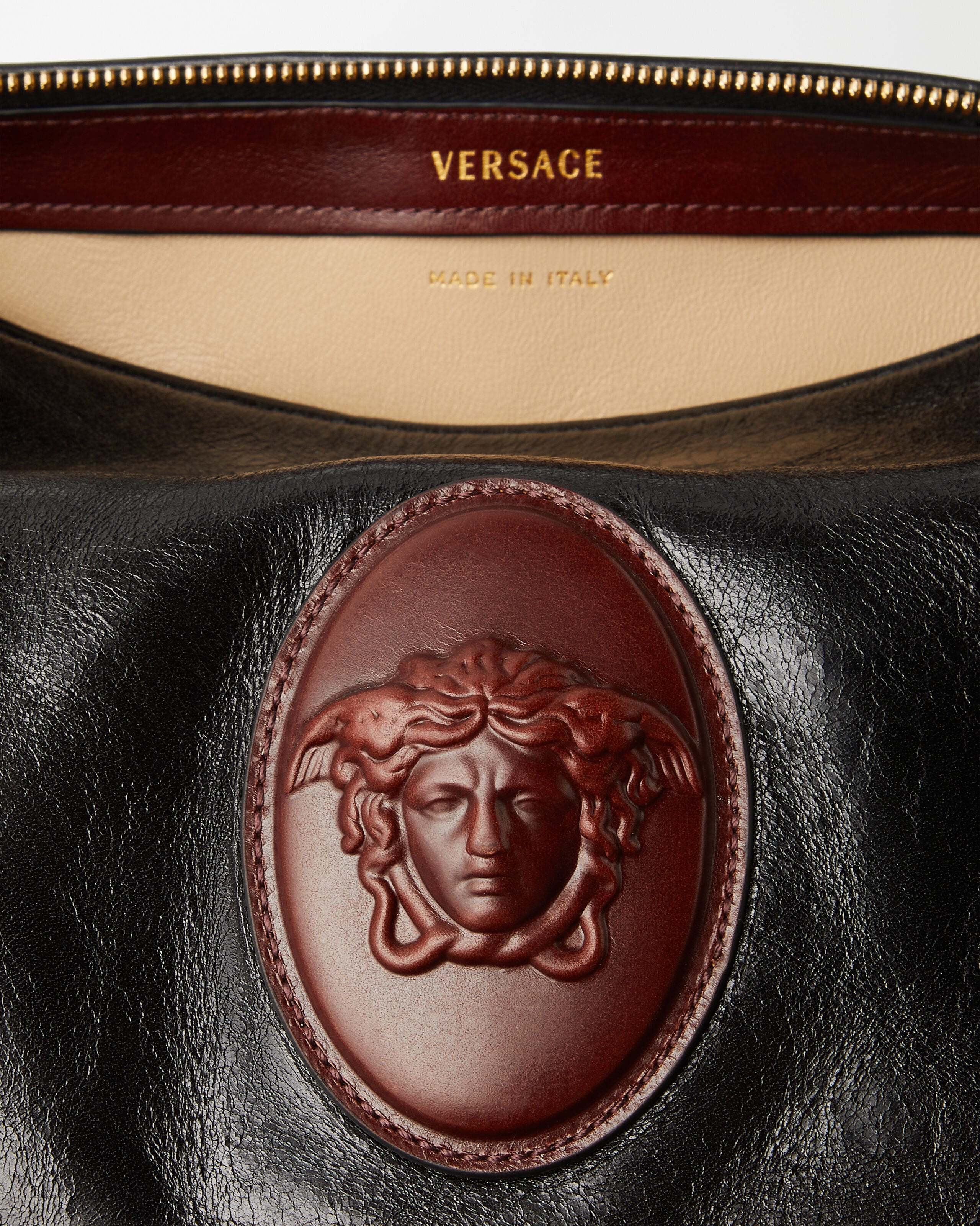 ルーミー レザー ボストン バッグ ブラック,ブラウン | VERSACE JP