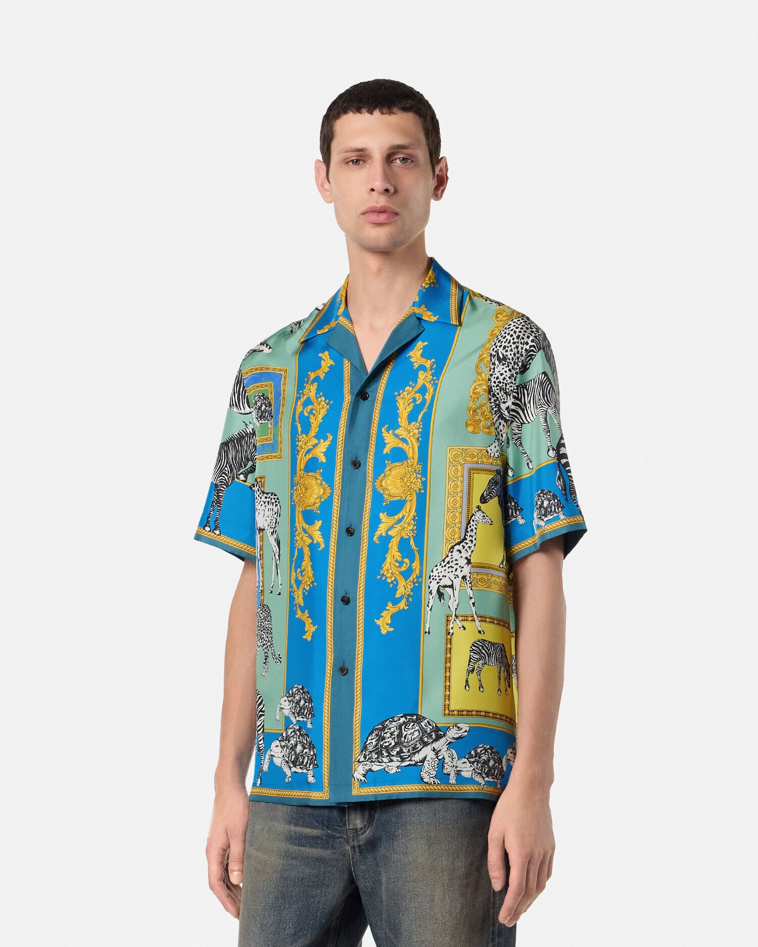 VERSACE silk シルク混　総柄　シャツ　ヴェルサーチェ　メンズ　半袖 シルク シャツ ヴェルサーチェ サファリ グリーン,ブルー