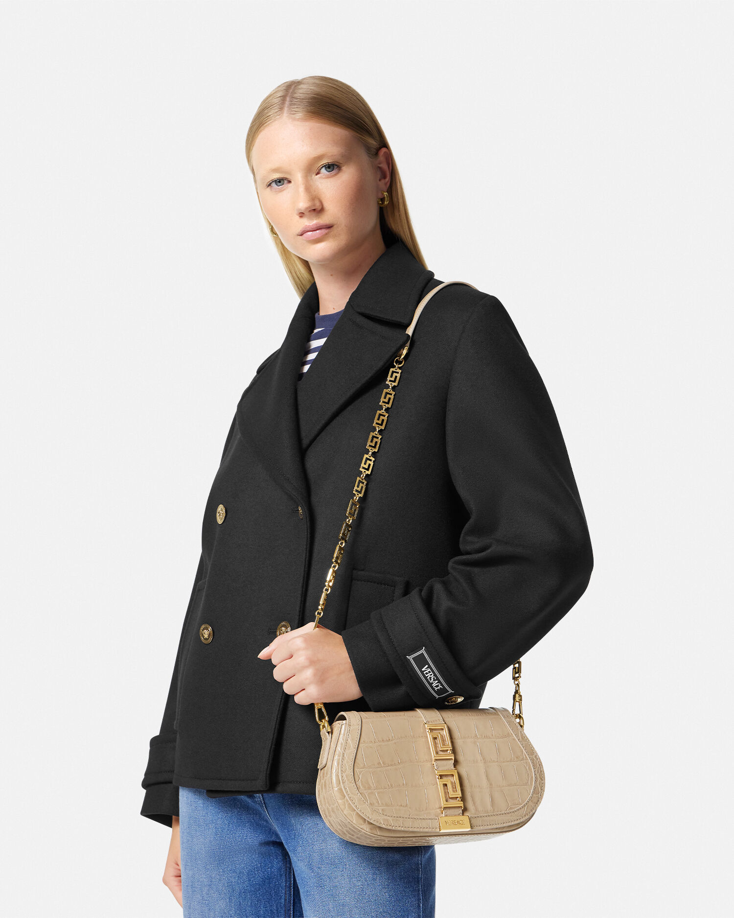 クロコ型押し グレカ ゴッデス ショルダー バッグ ベージュ | VERSACE JP