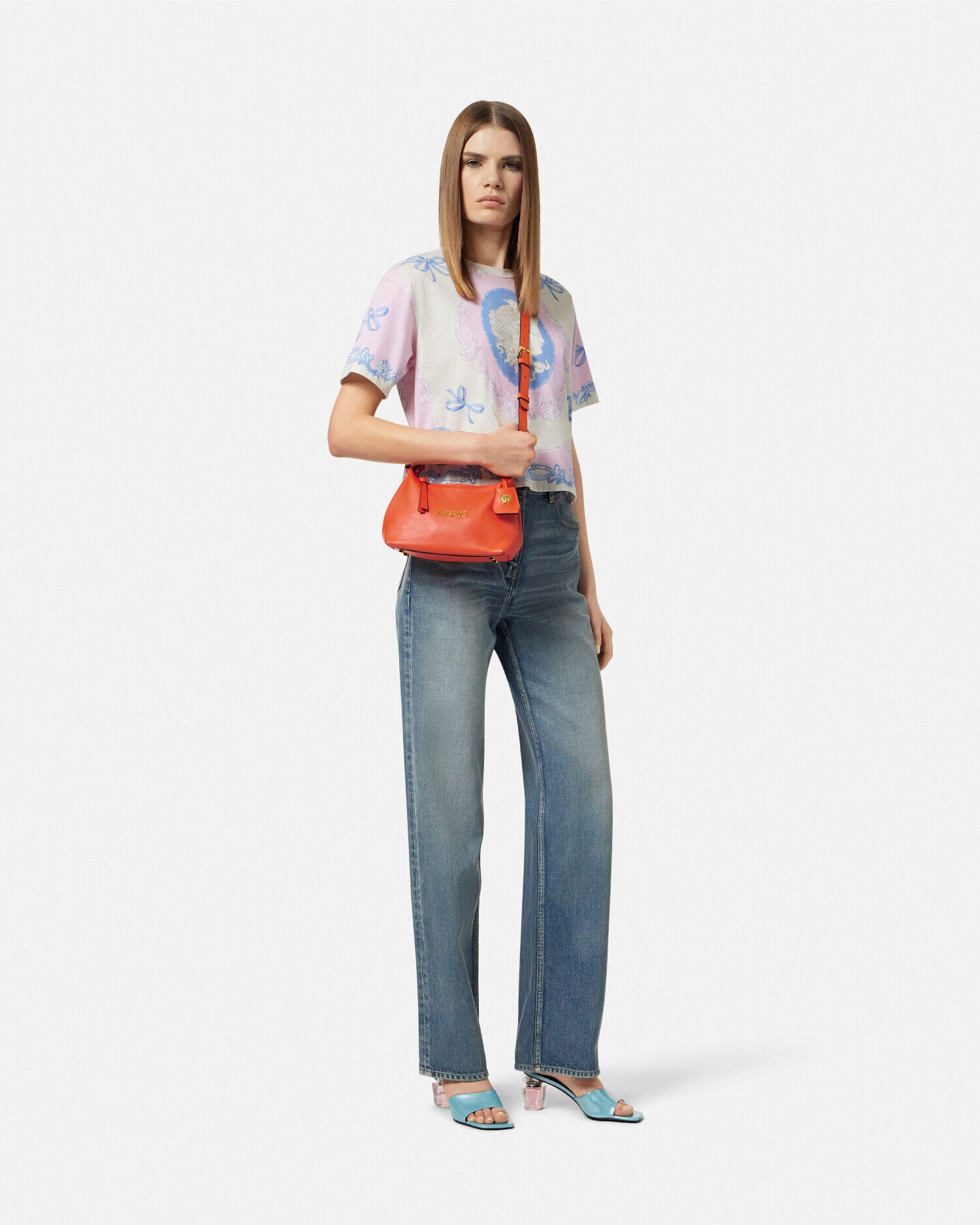 VERSACE オレンジ ショルダーバッグ 近年 VERSACE RFID搭載 チェーンショルダーバッグ レザー