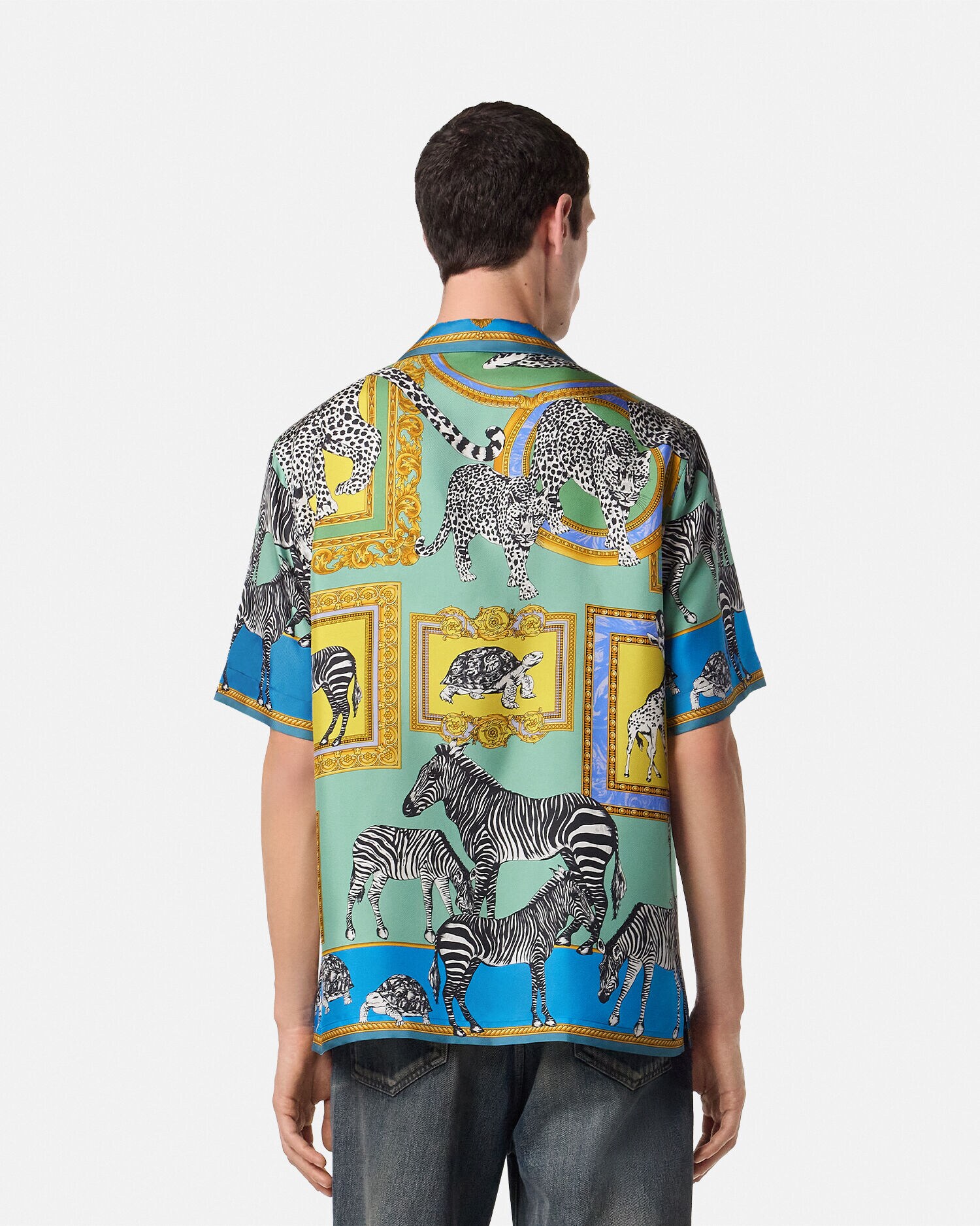 VERSACE silk シルク混　総柄　シャツ　ヴェルサーチェ　メンズ　半袖 シルク シャツ ヴェルサーチェ サファリ グリーン,ブルー