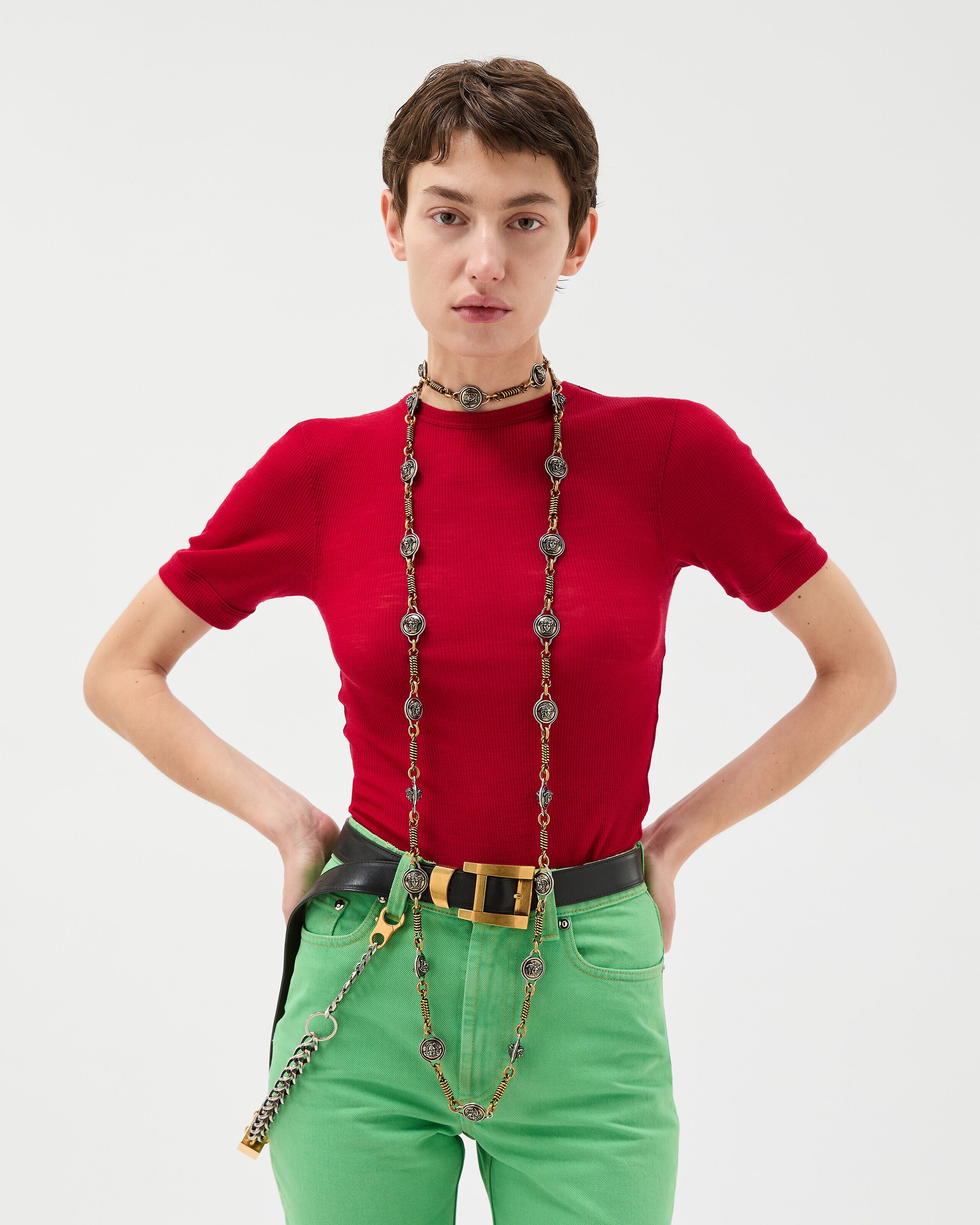 VERSACE - VERSACE ★カットソー★ティシャツ★リブニット 刺繍入り ウール リブニット Tシャツ レッド | VERSACE JP