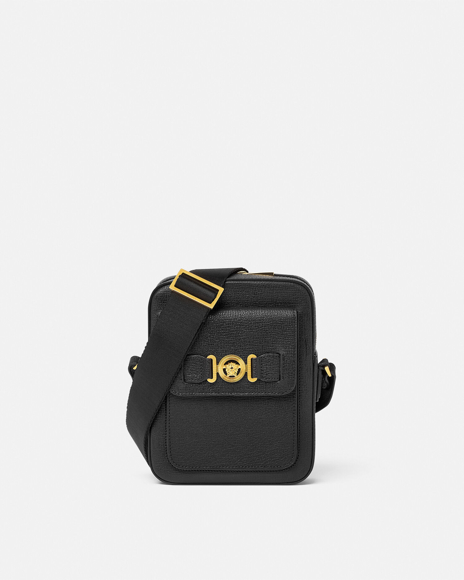 極美品 ヴェルサーチ ショルダーバッグ メドゥーサ ビギー サコッシュ レザー メドゥーサ ビギー レザー クロスボディ バッグ ブラック,ゴールド