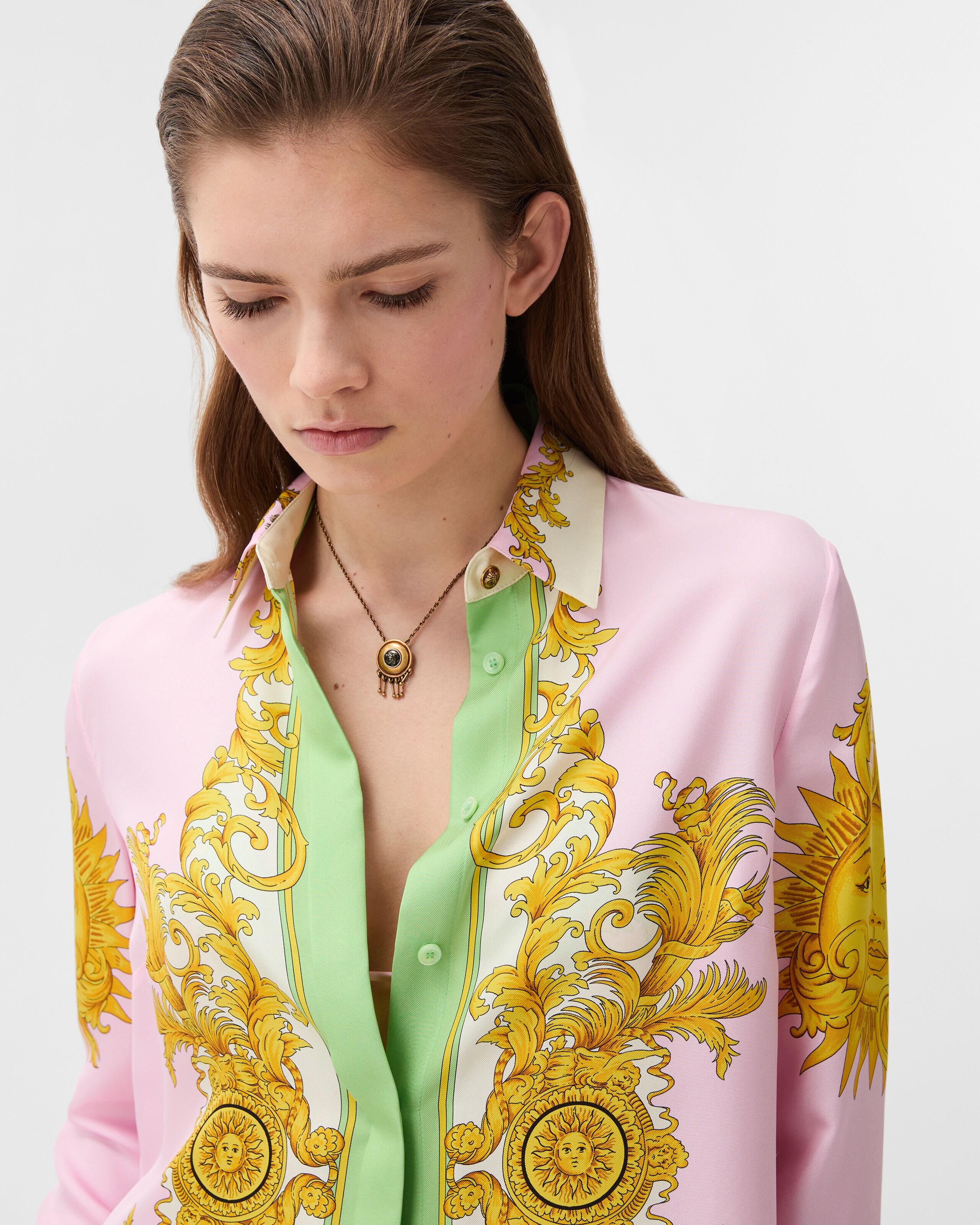 プリント シルク ツイル シャツ イエロー,ピンク | VERSACE JP
