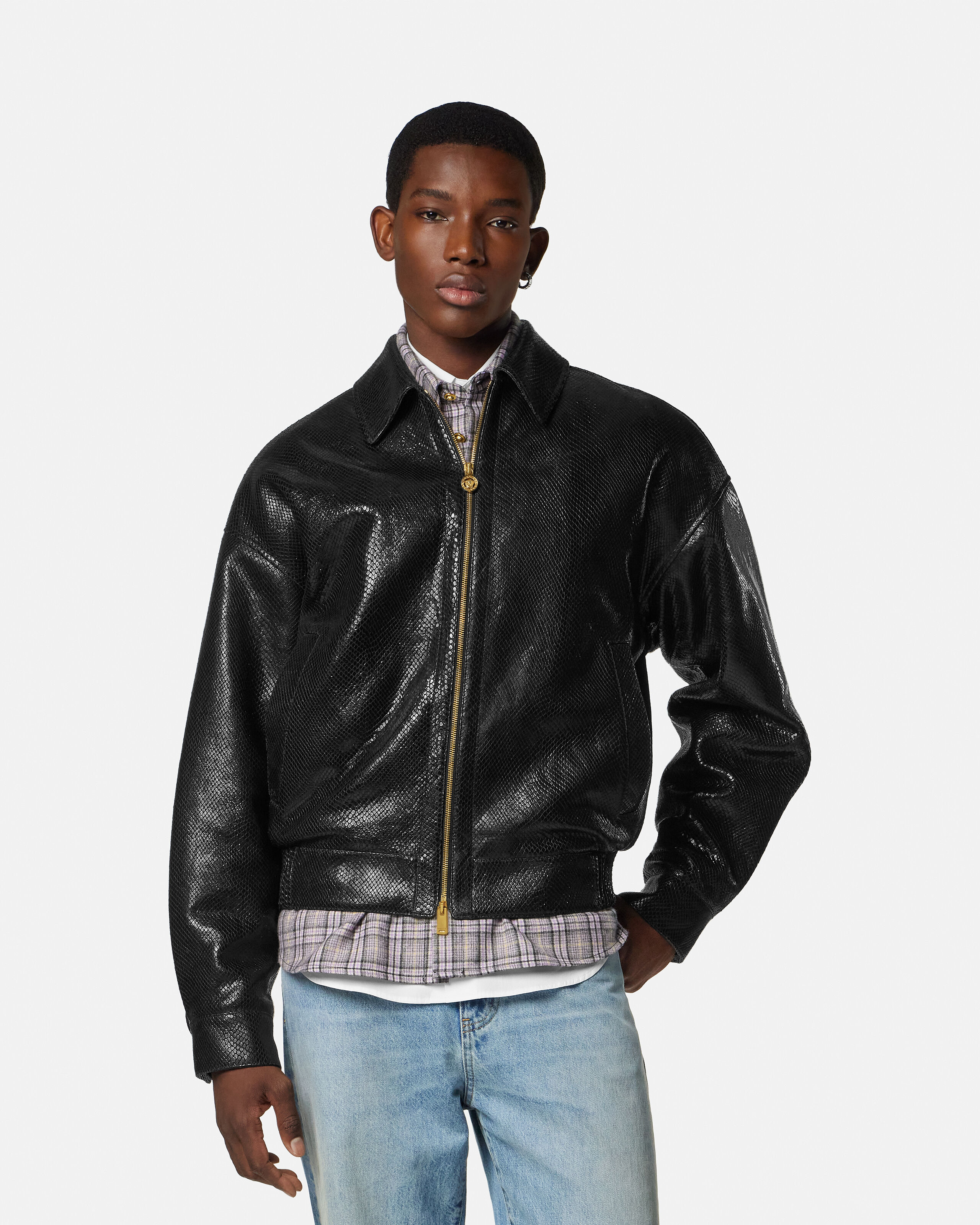 秋セール VERSACE ブラックレザーブルゾン ブルゾン ジャケット プロンジェ レザー | VERSACE JP