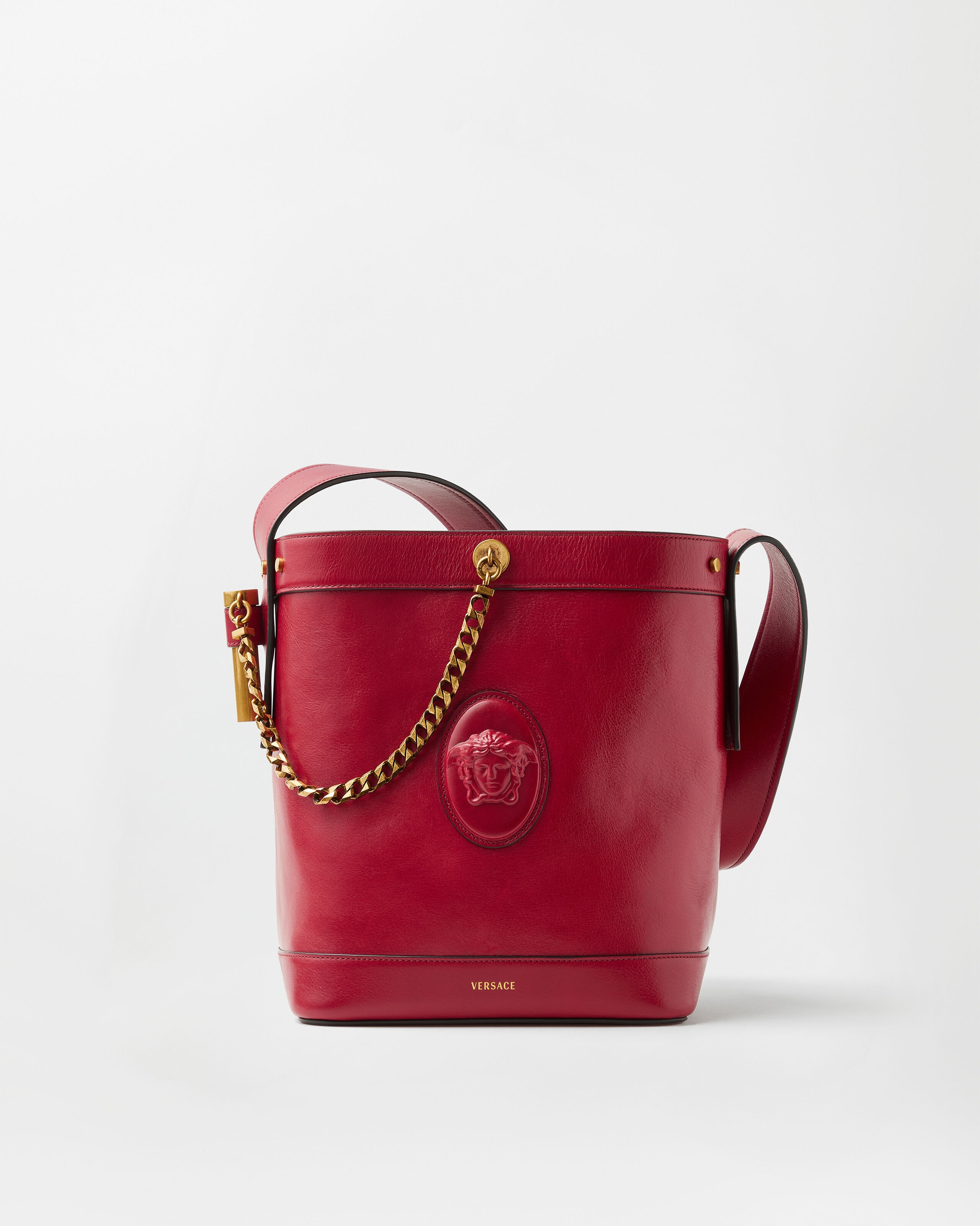 ピヴォ スモール レザー バケット バッグ レッド | VERSACE JP