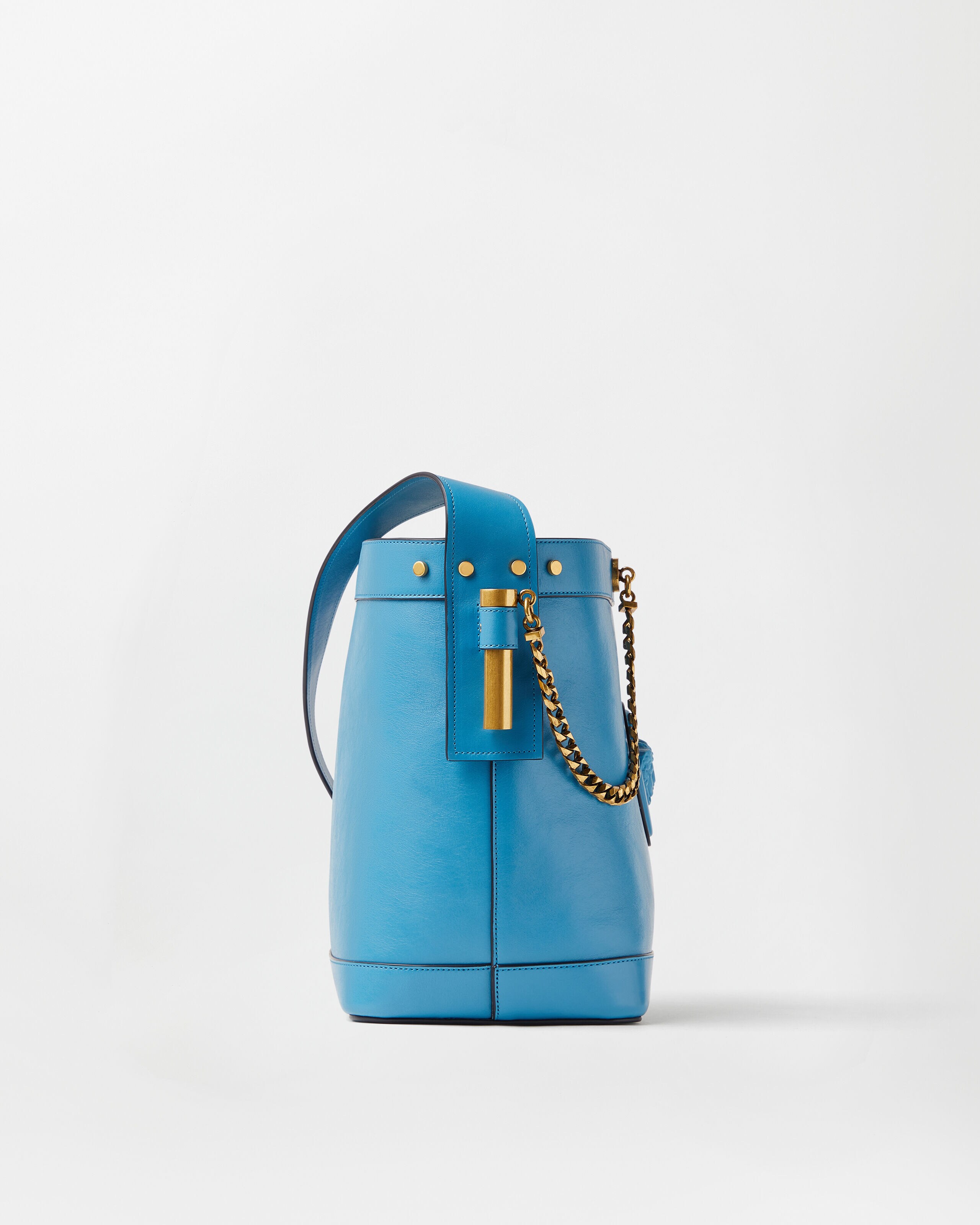ピヴォ スモール レザー バケット バッグ ブルー | VERSACE JP