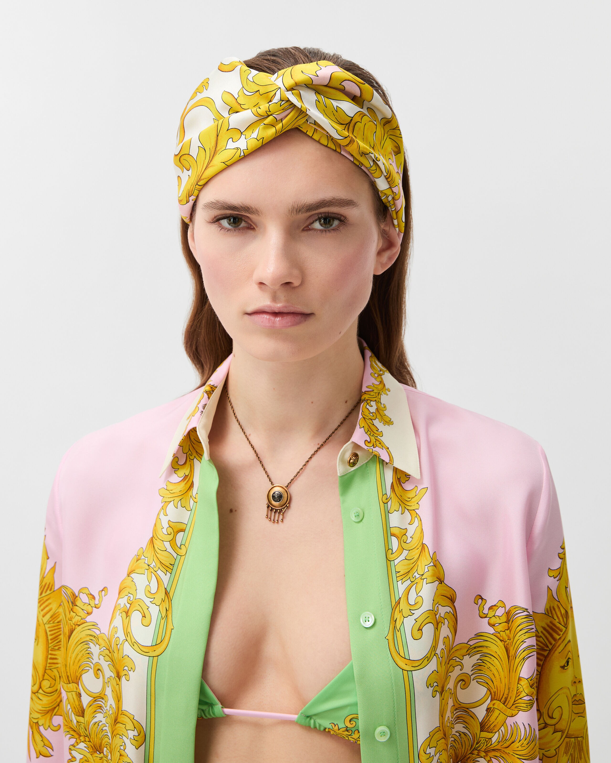 プリント シルク ツイル ヘッドバンド イエロー,ピンク | VERSACE JP