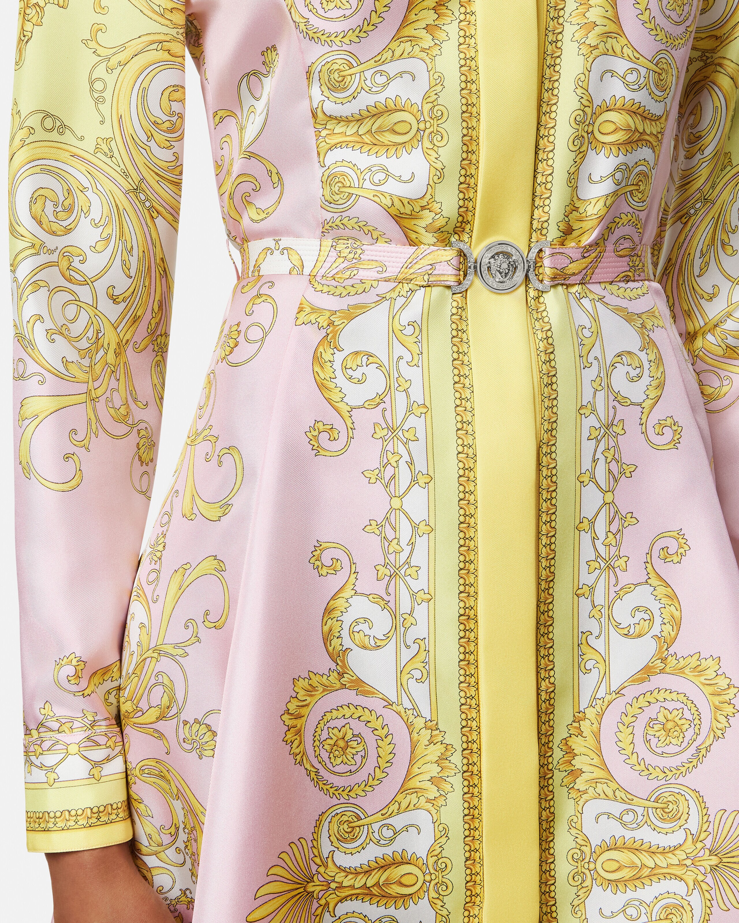 【美品】Versaceシャツドレス プリント シルク ツイル ミディ シャツ ドレス イエロー,ピンク