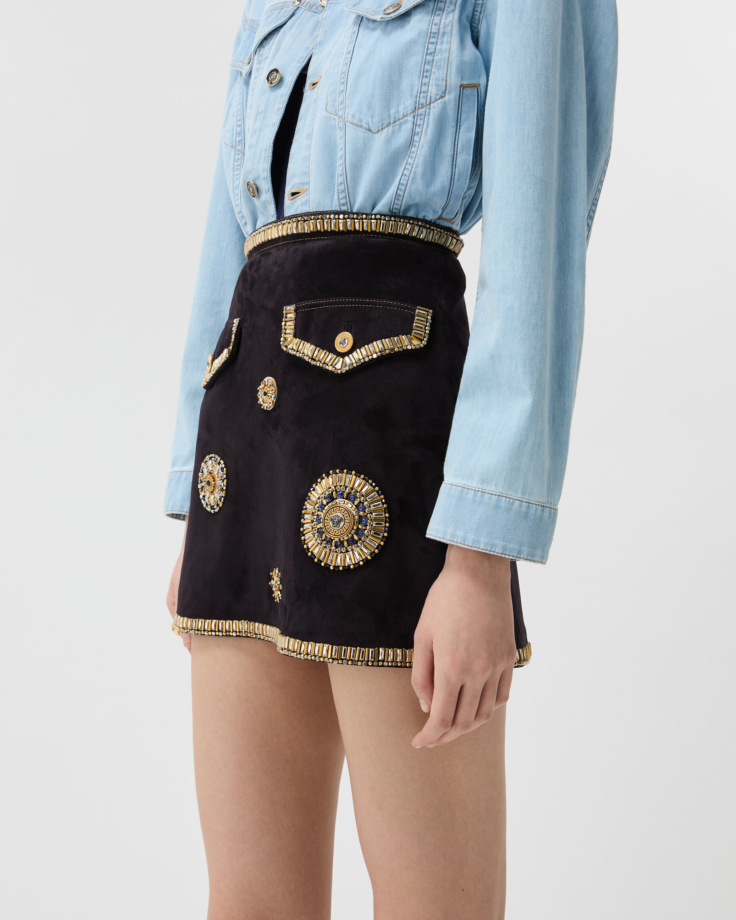 刺繍入り スエード ミニ スカート ブルー | VERSACE JP