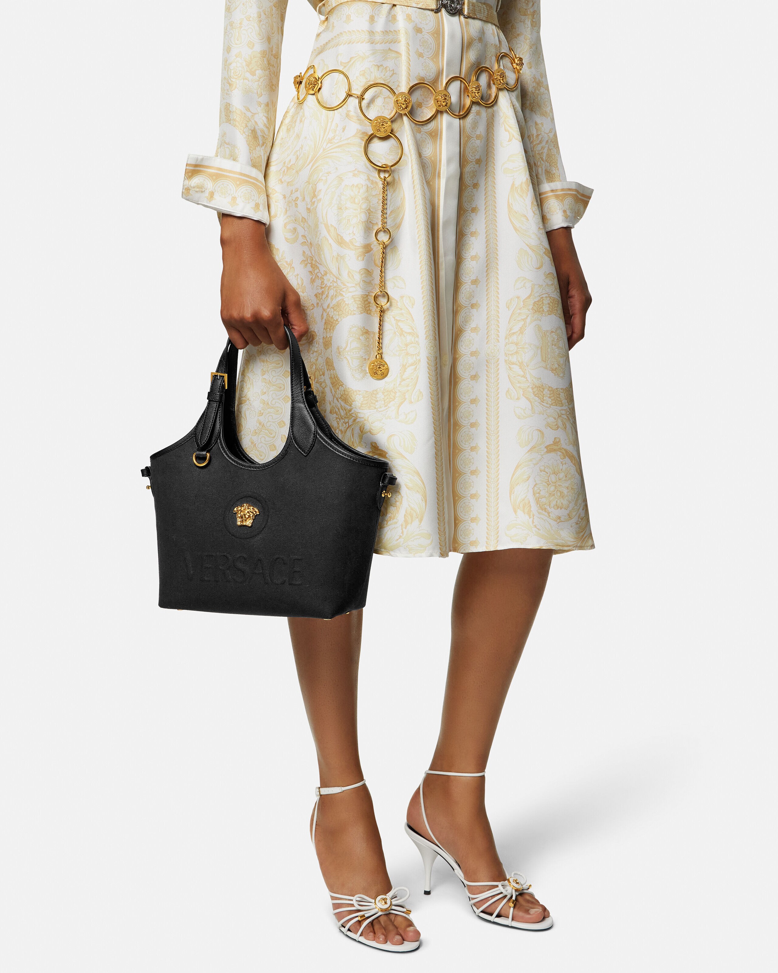 ラ メドゥーサ キャンバス ミニ トート ブラック,ゴールド | VERSACE JP