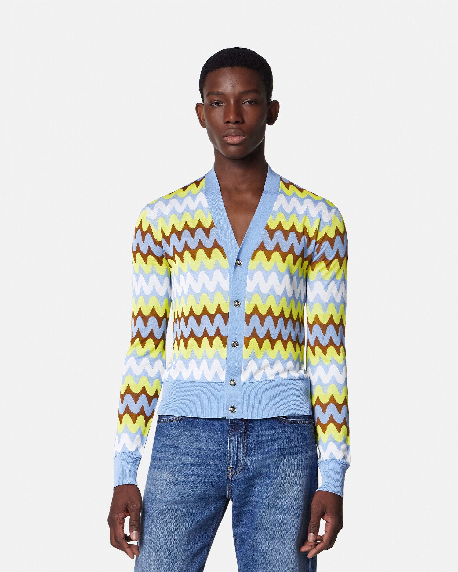 ニット カーディガン ウェーブ ブルー,マルチカラー | VERSACE JP