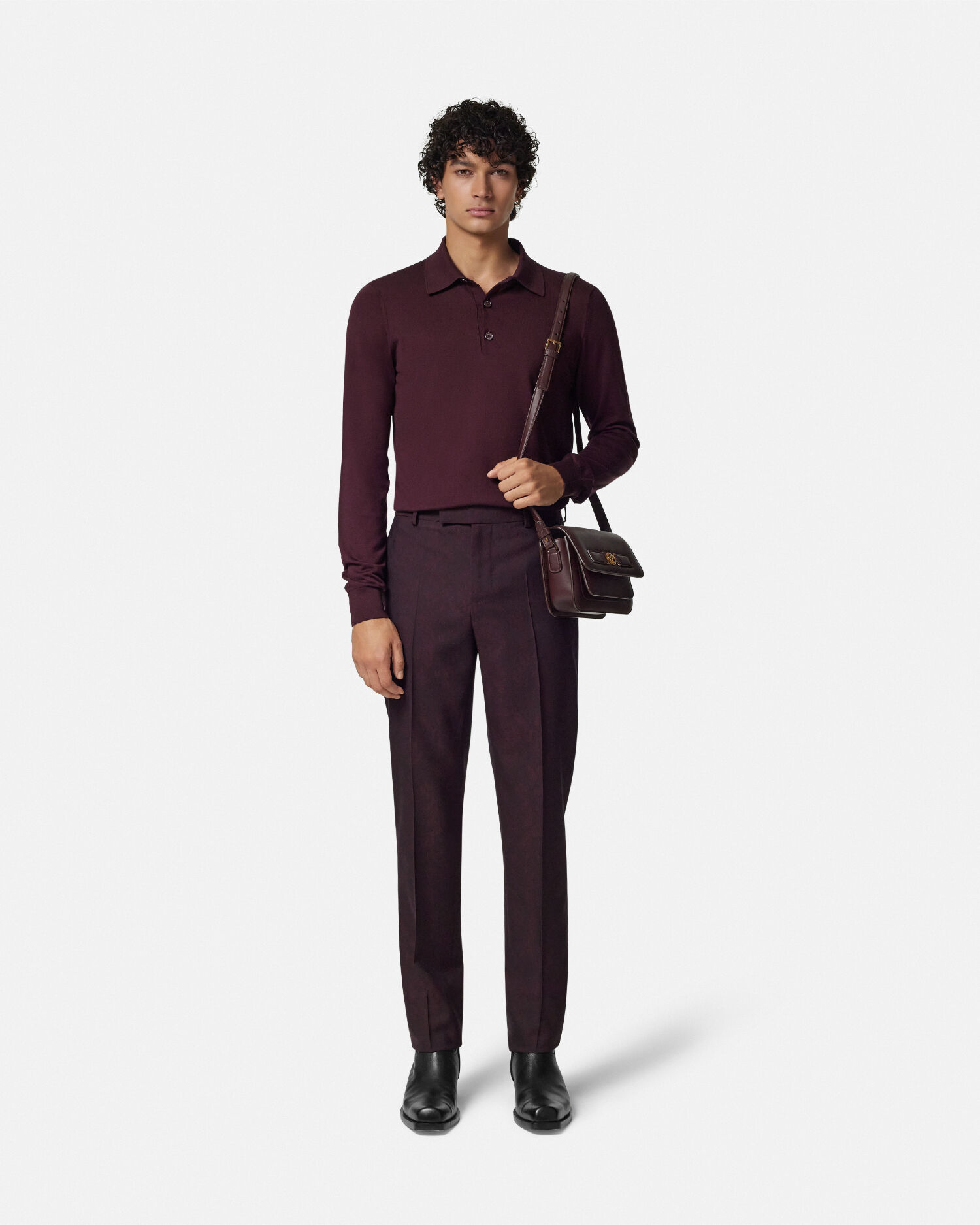 シルクブレンド 長袖 ポロ シャツ バーガンディ | VERSACE JP