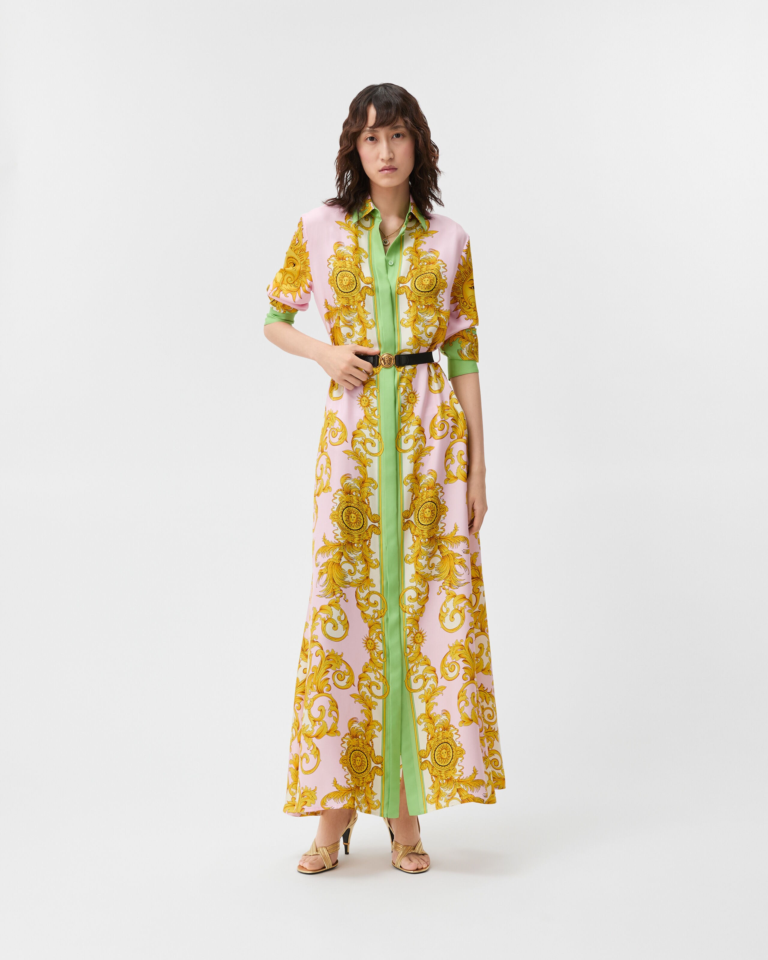 イエローフラワープリントロングドレス プリント シルク ツイル ロング ドレス イエロー,ピンク | VERSACE JP
