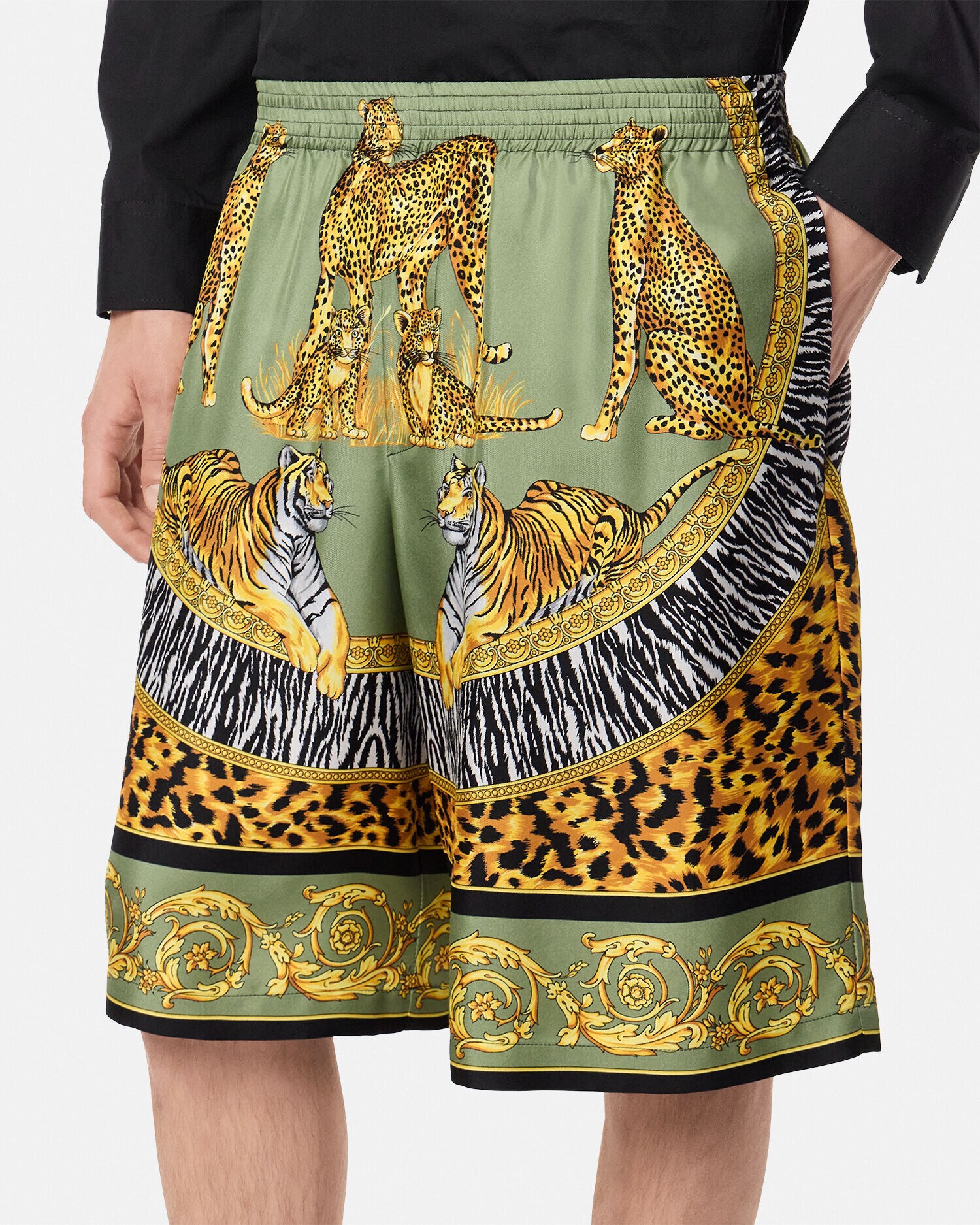 シルク ショートパンツ ワイルド キャッツ グリーン,ブラック